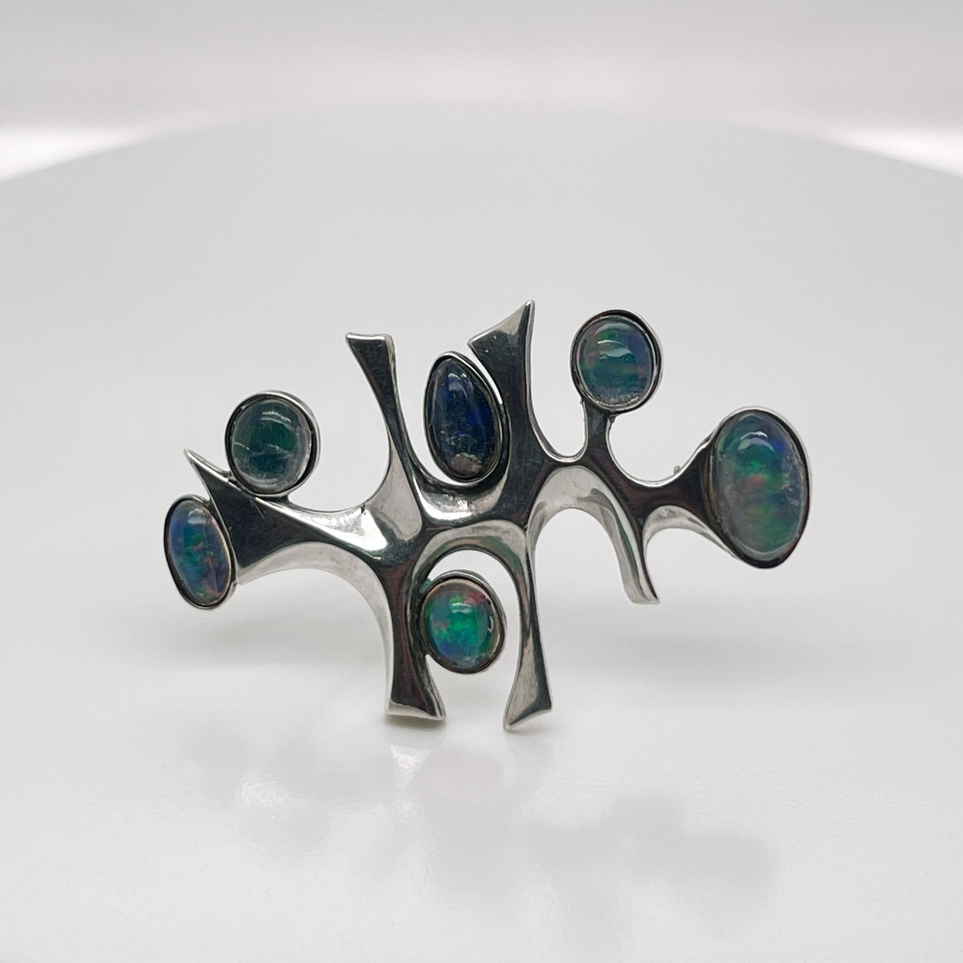 Rare Wesley Emmons Modernist Space Age Brooch with Opal Cabochons 6