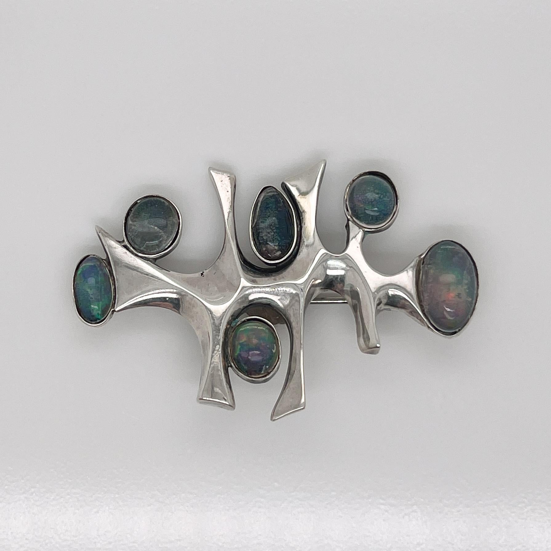 Rare Wesley Emmons Modernist Space Age Brooch with Opal Cabochons 7