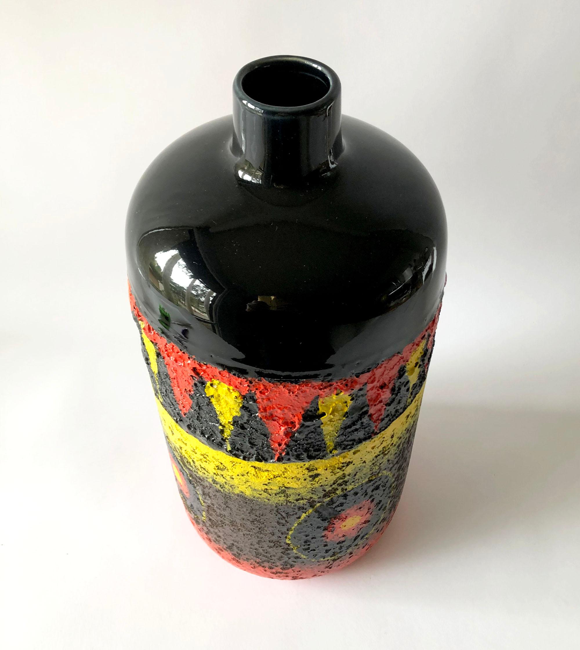 Mid-Century Modern Modernist Red Black Yellow Fat Lava Large Scale Vase