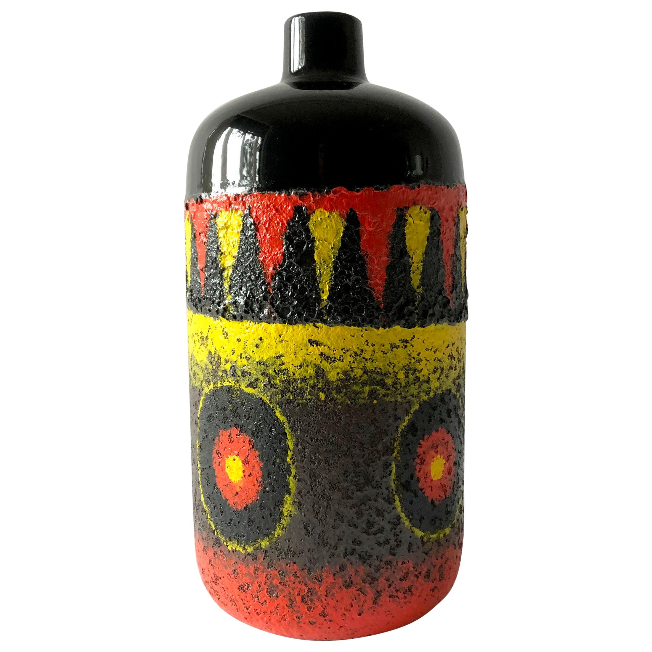 Modernist Red Black Yellow Fat Lava Large Scale Vase
