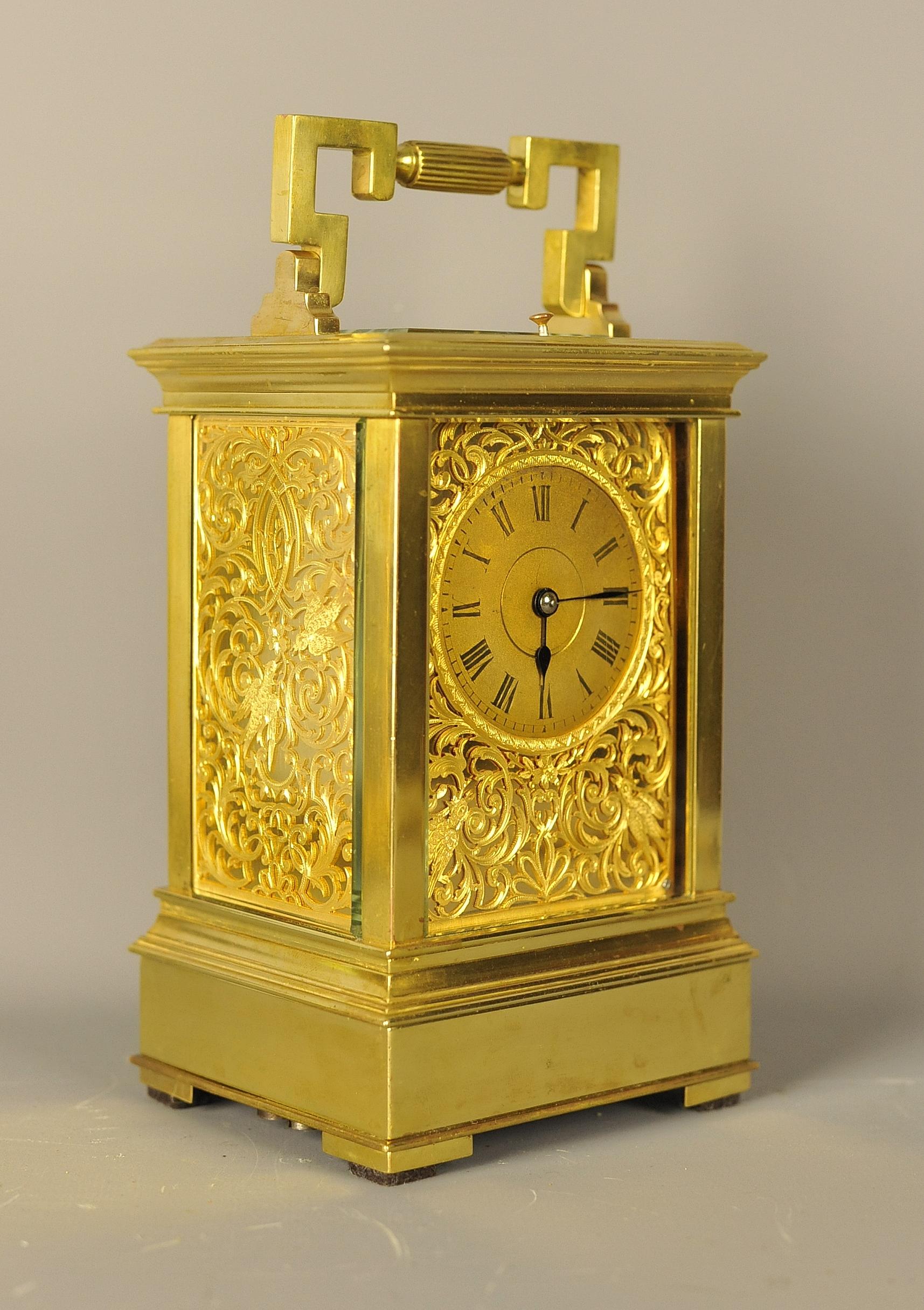 This is a most rare and beautiful carriage clock of French manufacture dating from the last half of the 19th century which Westminster chimes all the quarters on a nest of 4 bells and when repeated it also strikes the current hour on a coiled