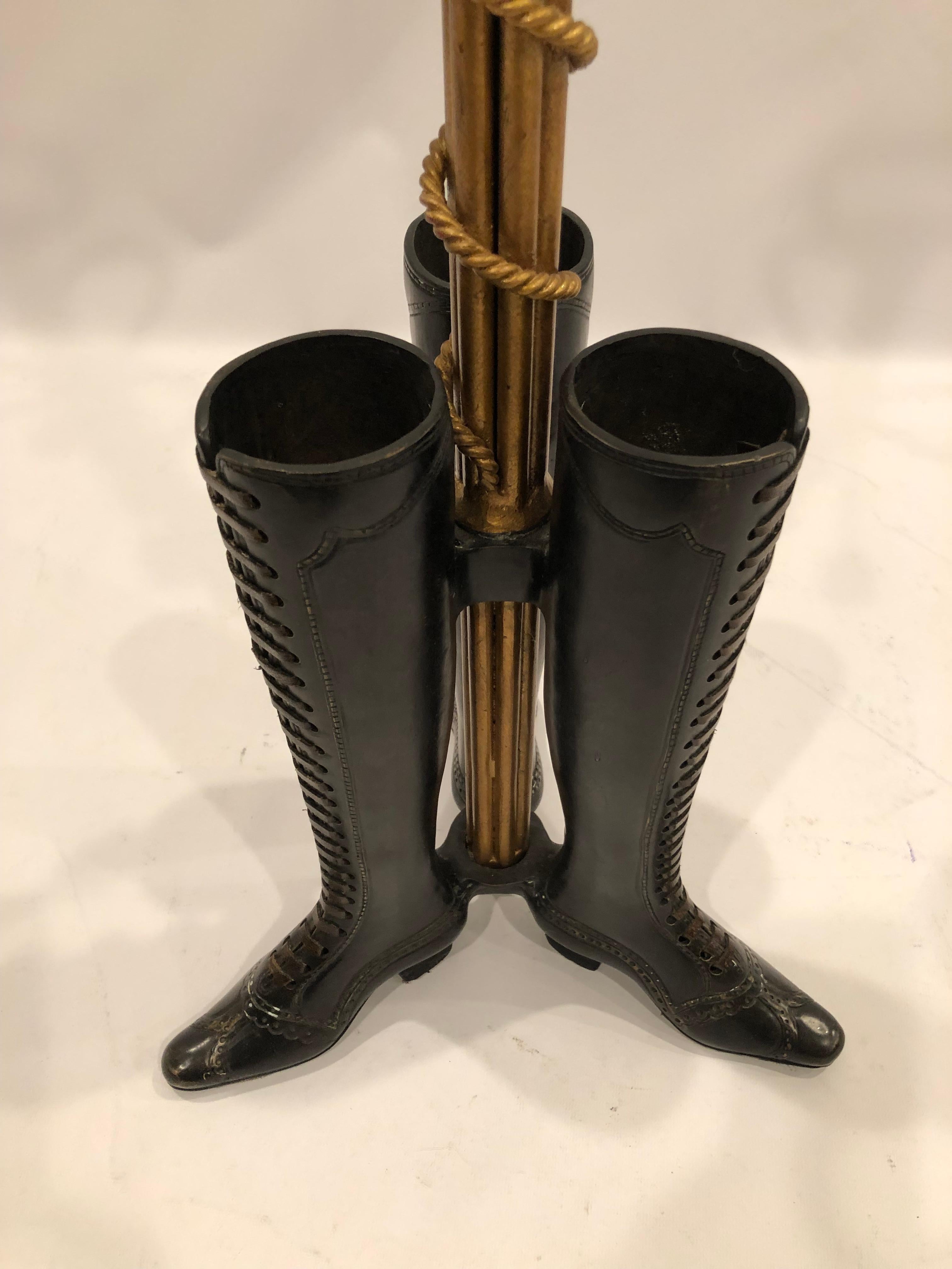 Gilt Rare Whimsical Bronze Umbrella Stand with Ladies Boot Motif by Maitland Smith For Sale