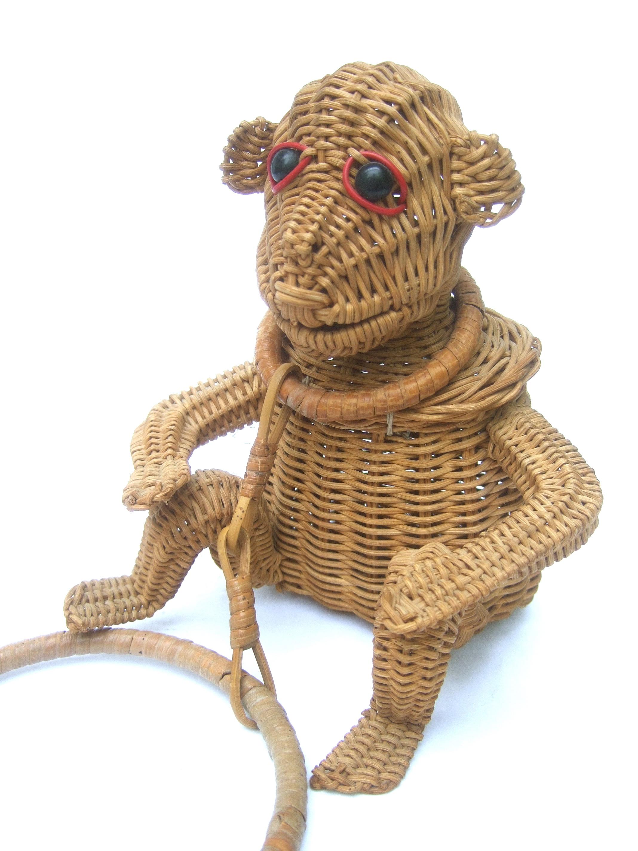 Women's Rare Whimsical Wicker Rattan Monkey Handbag c 1950s 