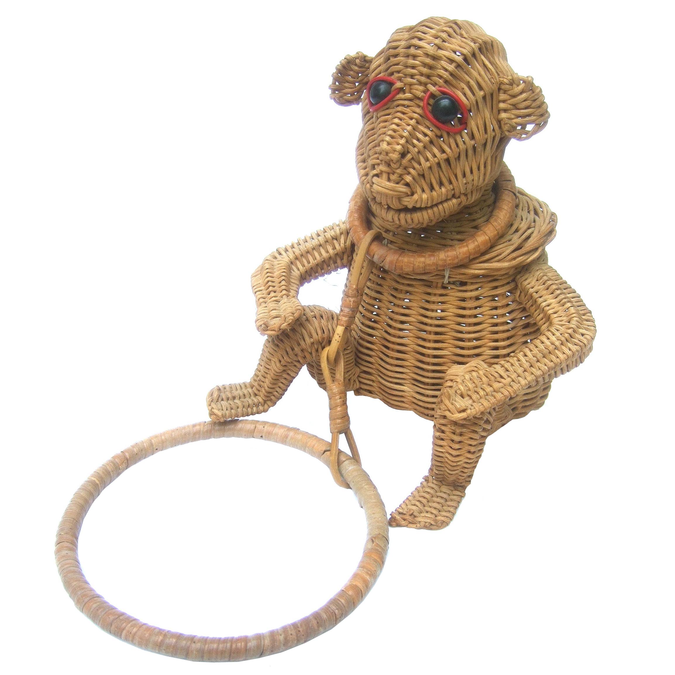 Rare Whimsical Wicker Rattan Monkey Handbag c 1950s 