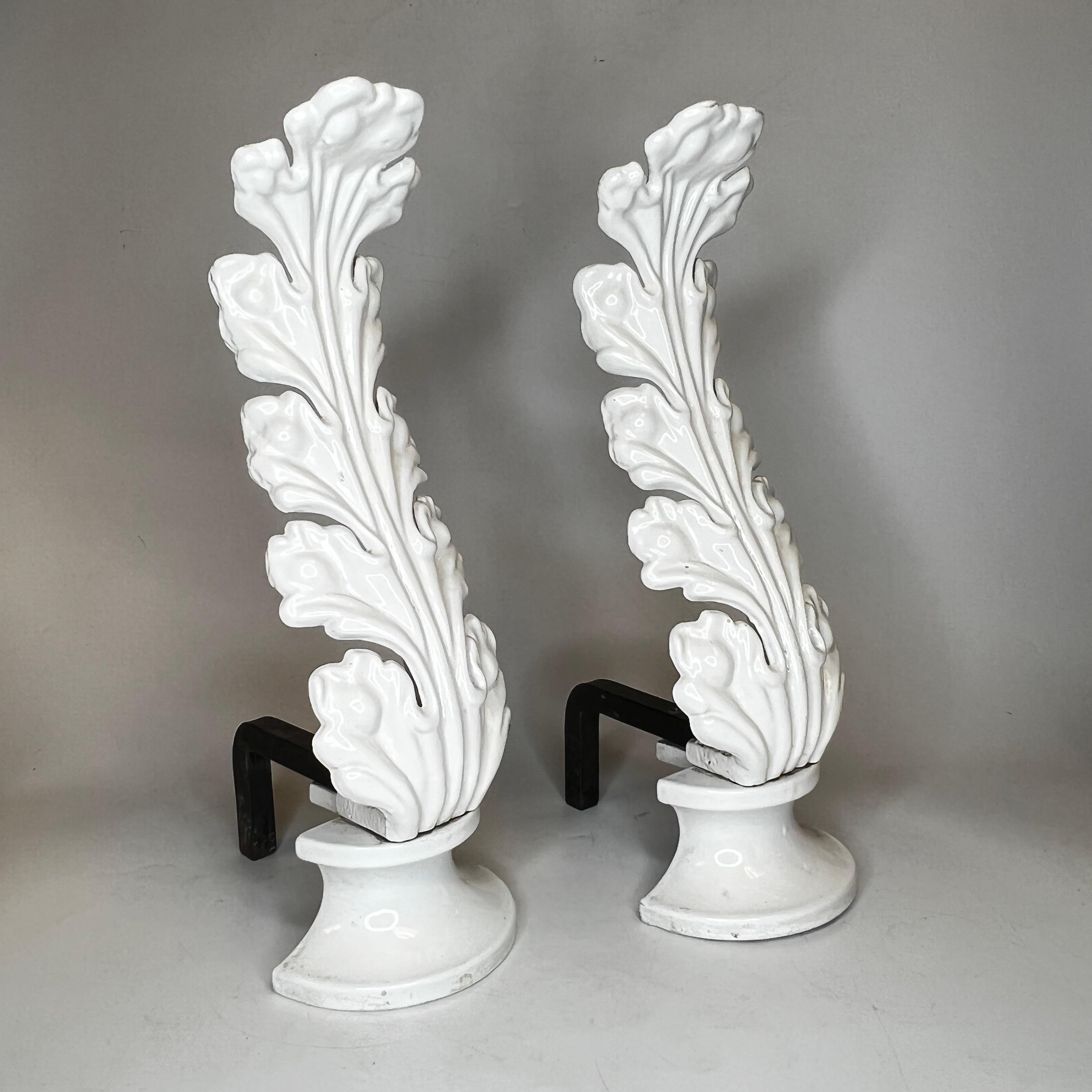 Rare White Acanthus Leaf Form Enameled Iron Andirons For Sale at 1stDibs