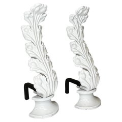 Antique Rare White Acanthus Leaf Form Enameled Iron Andirons