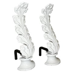 Rare White Acanthus Leaf Form Enameled Iron Andirons