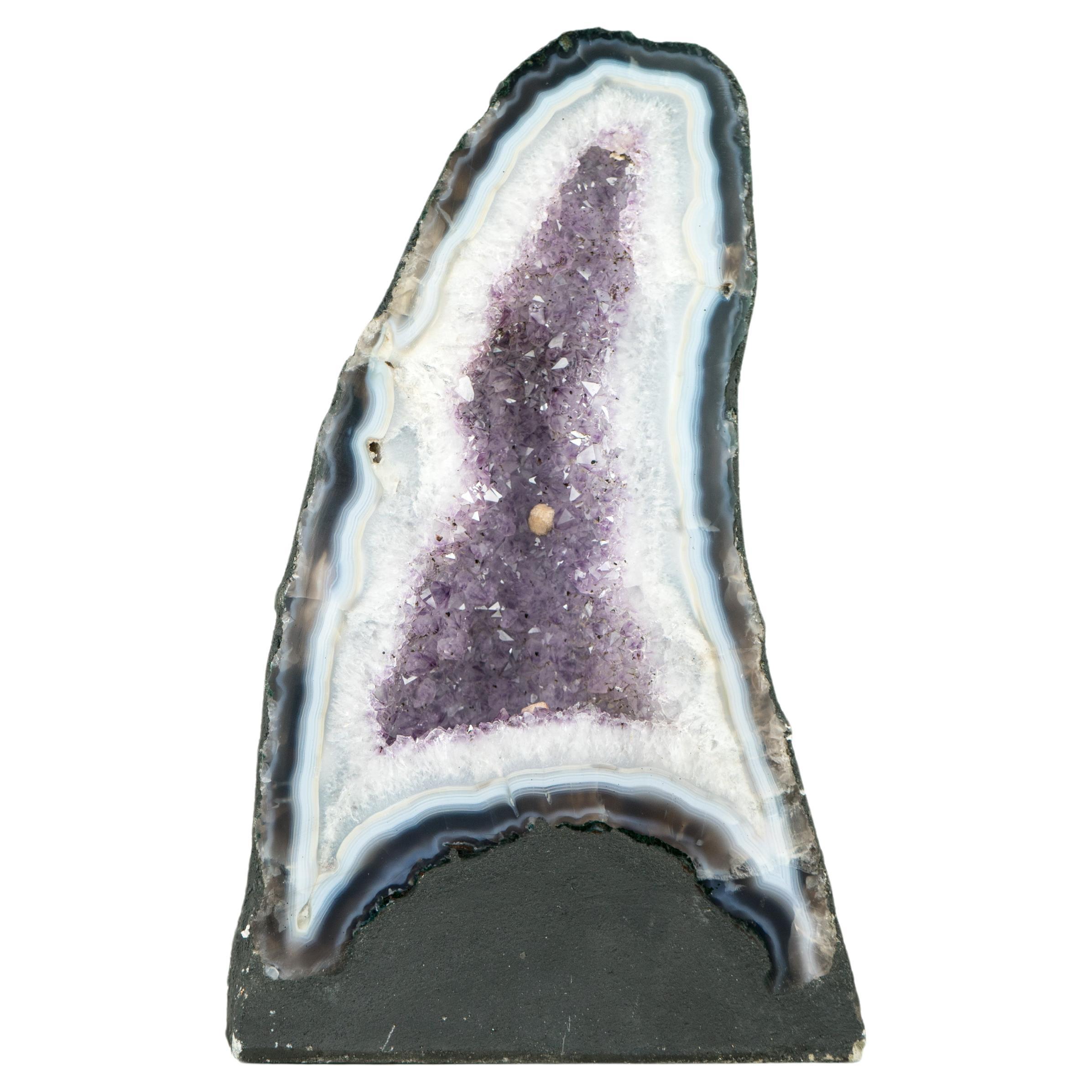 Rare White and Blue Lace Agate Cathedral Geode with Lavender Amethyst Crystal