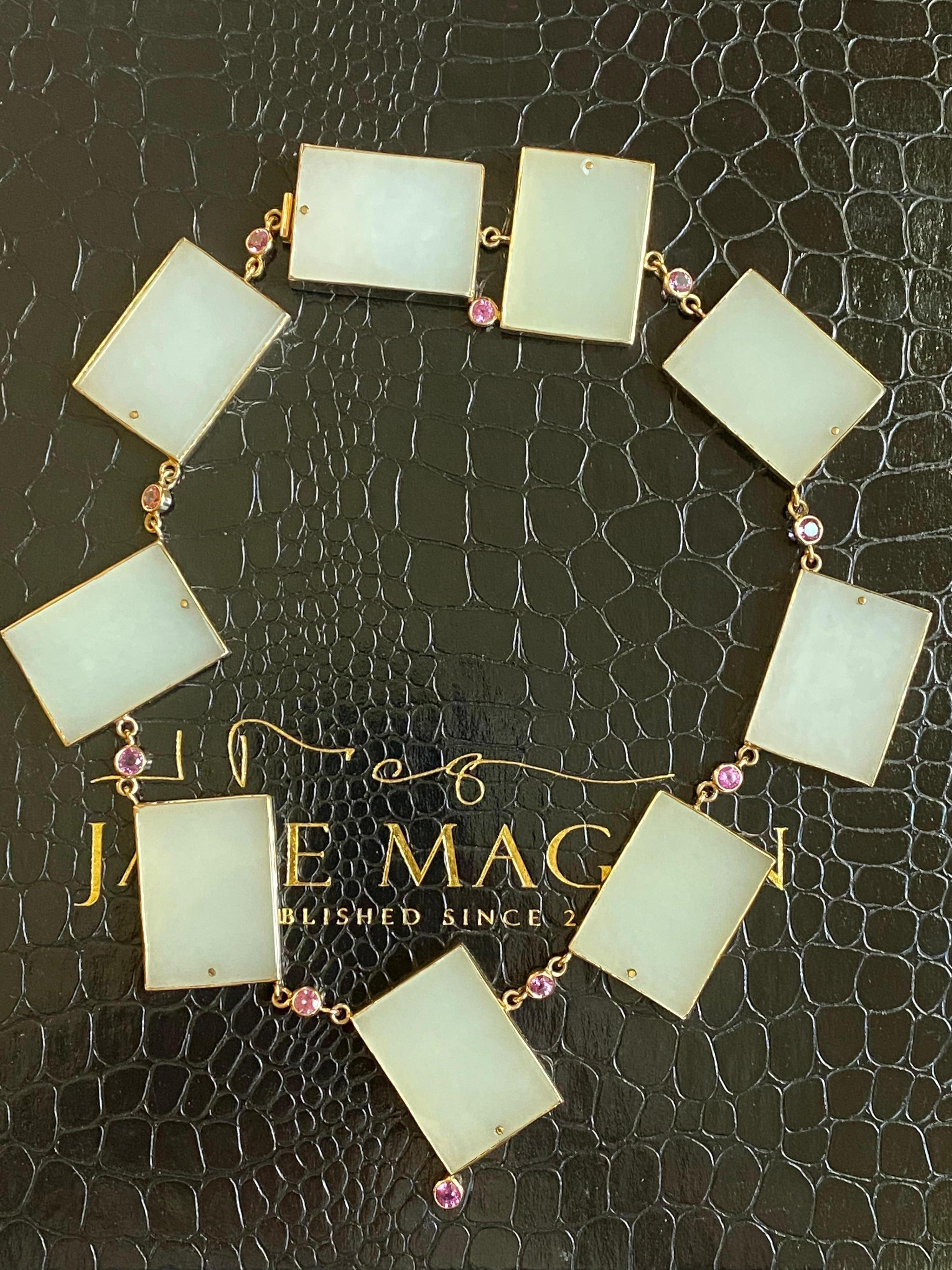 Octagon Cut Rare White Jade Geometric Shaped Necklace with Pink Sapphires in 14 Karat Gold For Sale