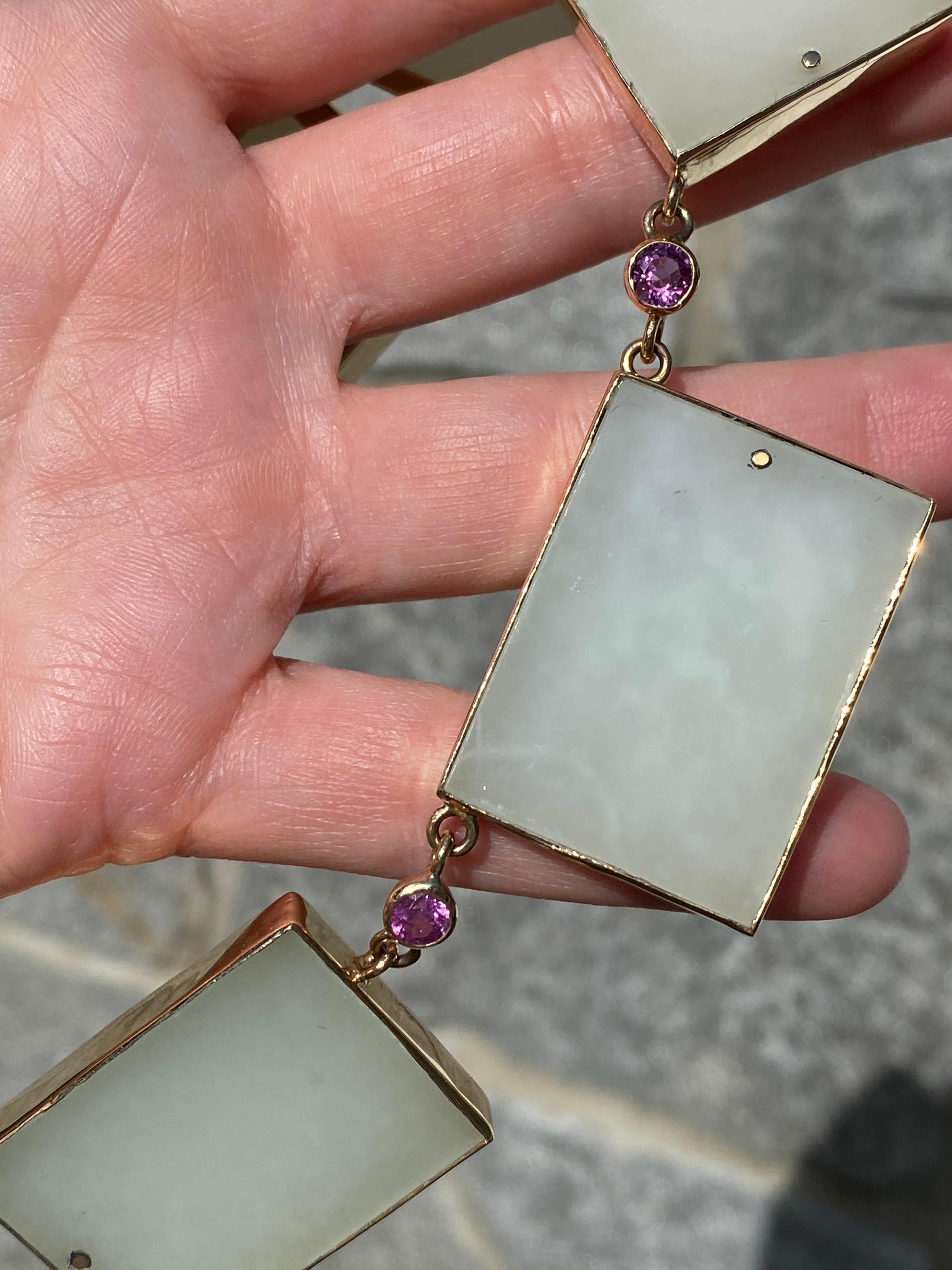 Rare White Jade Geometric Shaped Necklace with Pink Sapphires in 14 Karat Gold For Sale 3