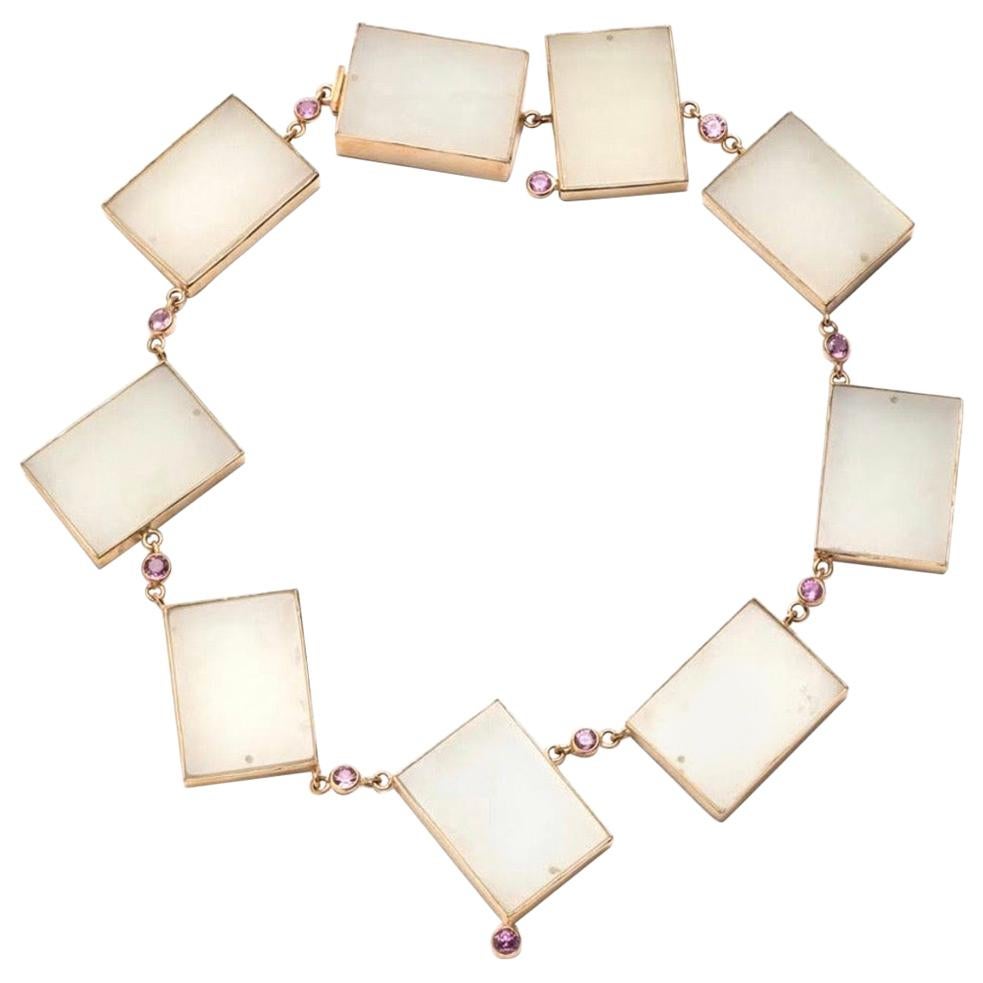 Rare White Jade Geometric Shaped Necklace with Pink Sapphires in 14 Karat Gold For Sale