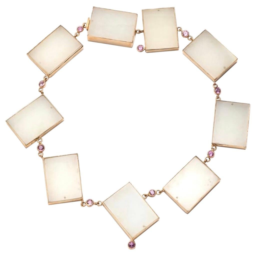 Rare White Jade Geometric shaped Necklace with Pink Sapphires in 14 Karat Gold