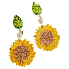 Rare White Pearl Vivid Yellow Sunflower Flower Green Leaf Clip Drop Earrings