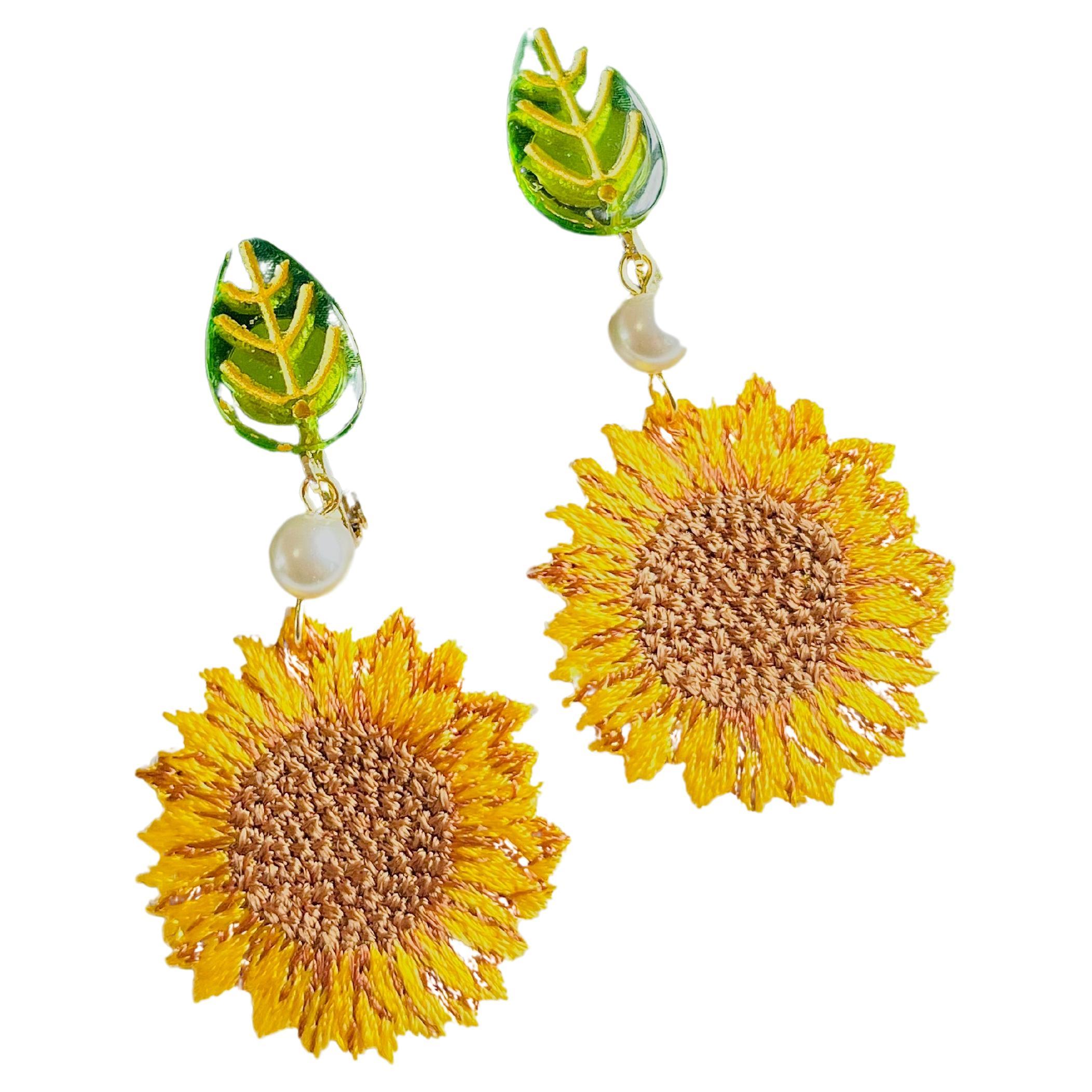Rare White Pearl Vivid Yellow Sunflower Flower Green Leaf Clip Drop Earrings
