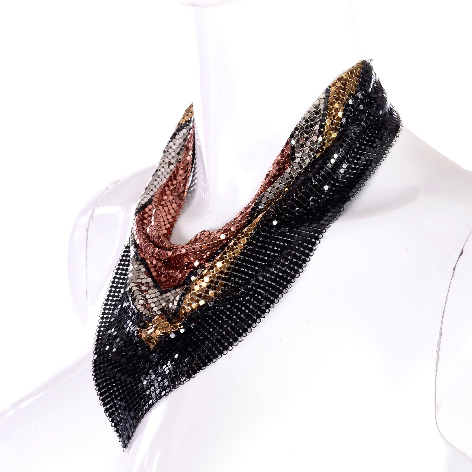 Rare Whiting & Davis Metal Mesh Scarf Necklace in Black Bronze Gold & Silver In Excellent Condition In Portland, OR