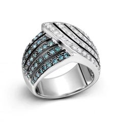 Rare Wide Blue White  Diamond White Gold 18K Ring For Her