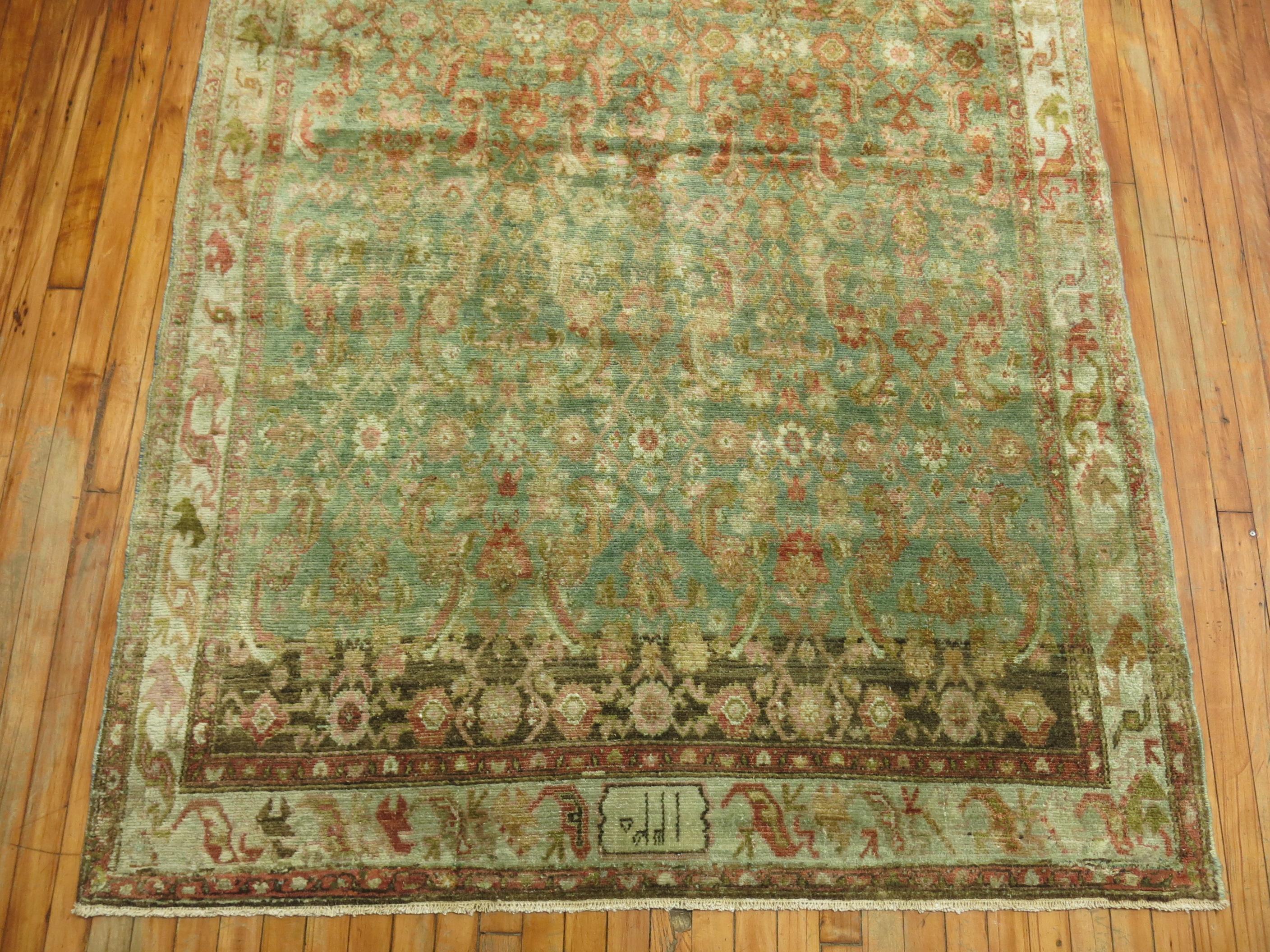 Rare Wide Long Green Antique Persian Malayer Runner For Sale 4