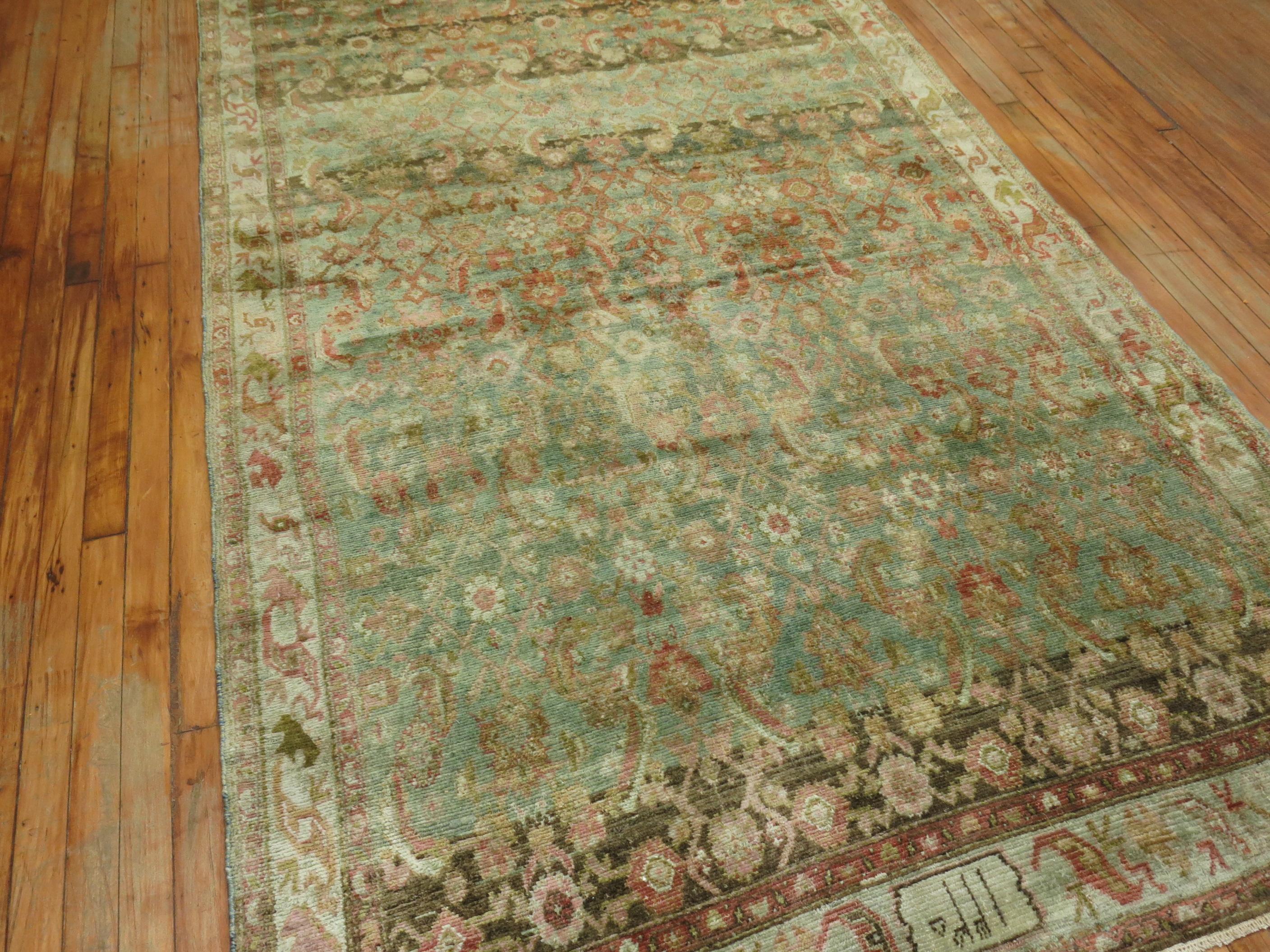 Hand-Woven Rare Wide Long Green Antique Persian Malayer Runner For Sale