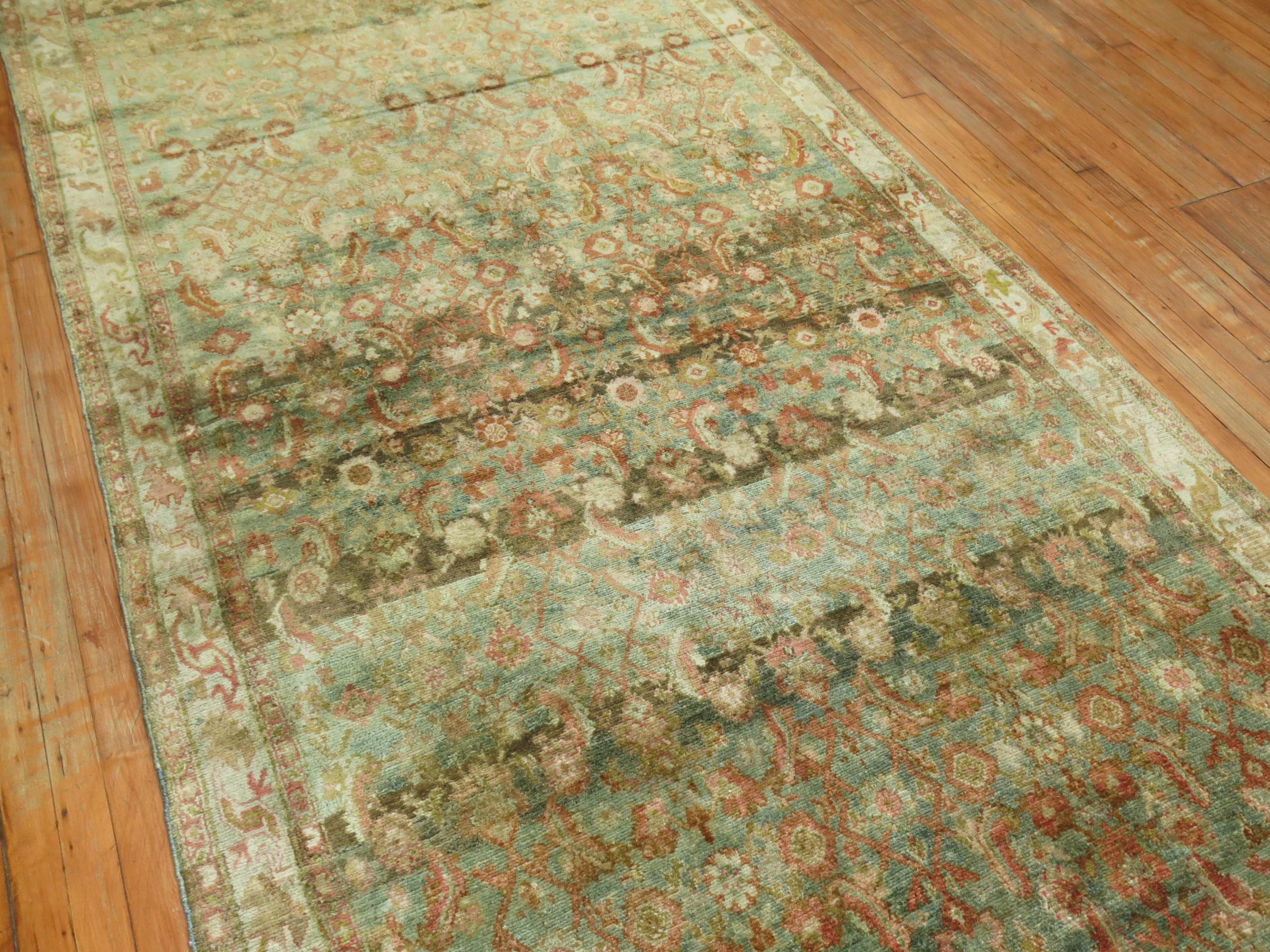Rare Wide Long Green Antique Persian Malayer Runner In Good Condition For Sale In New York, NY
