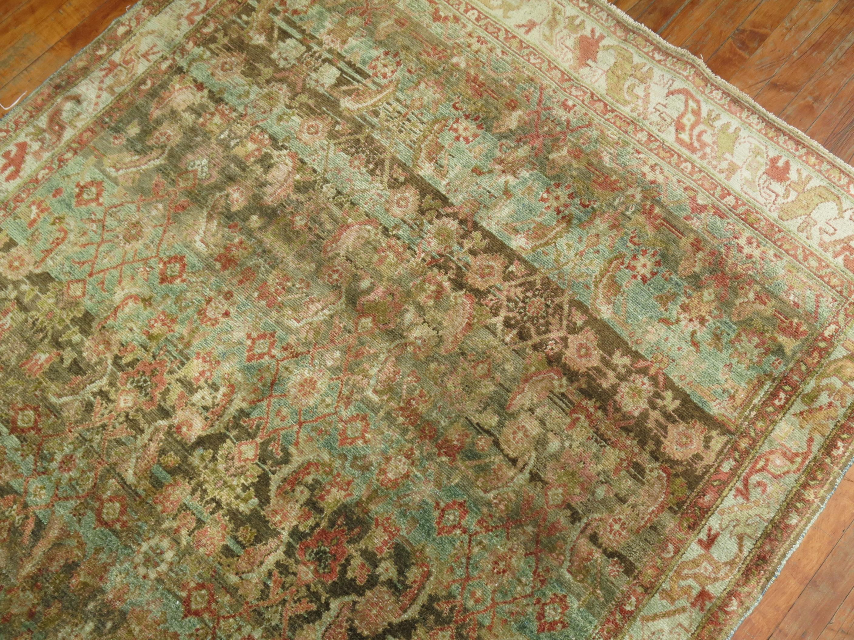 Wool Rare Wide Long Green Antique Persian Malayer Runner For Sale