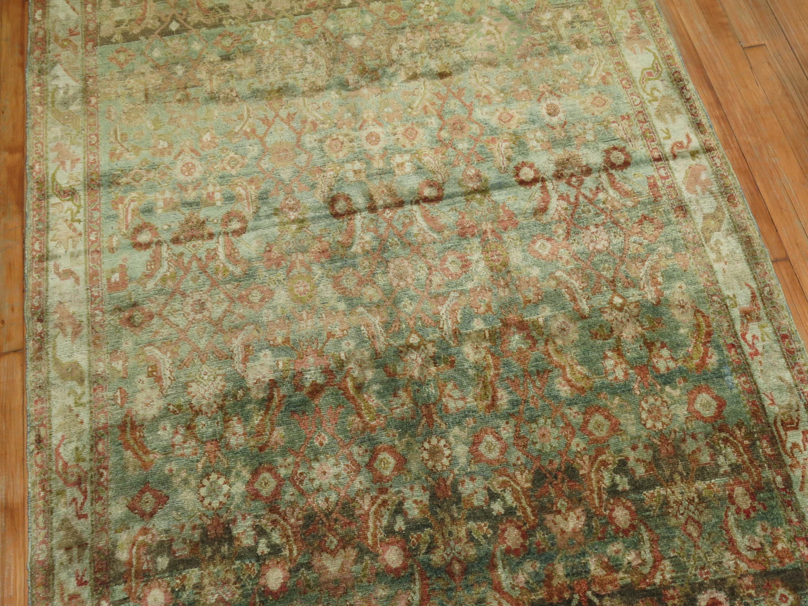 Rare Wide Long Green Antique Persian Malayer Runner For Sale 1