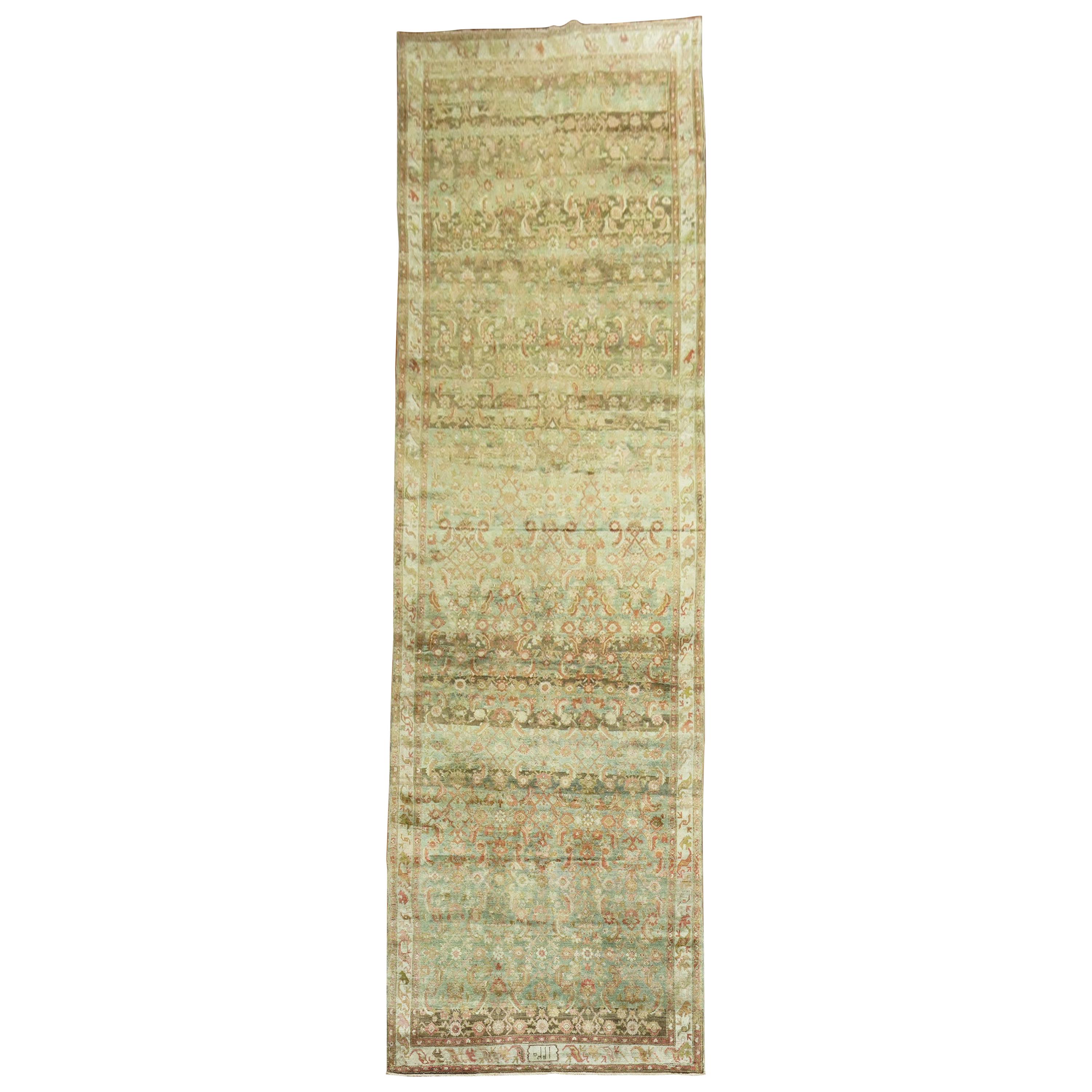 Rare Wide Long Green Antique Persian Malayer Runner For Sale