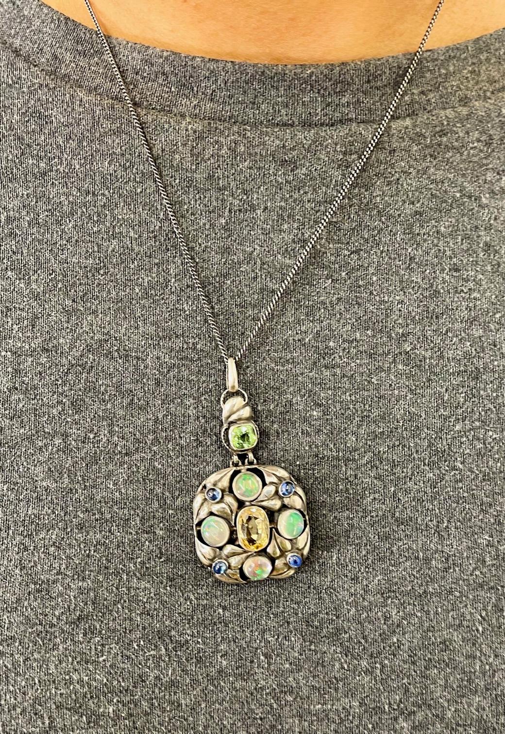Simply Beautiful!  Rare Vintage Edwardian Multi Gem Sterling Silver Oscar worthy Pendant Necklace. Embellished with Hand set Sapphire and Citrine Gemstones in finely Hand crafted beaded openwork frame. Open-back. Suspended from a 15.75