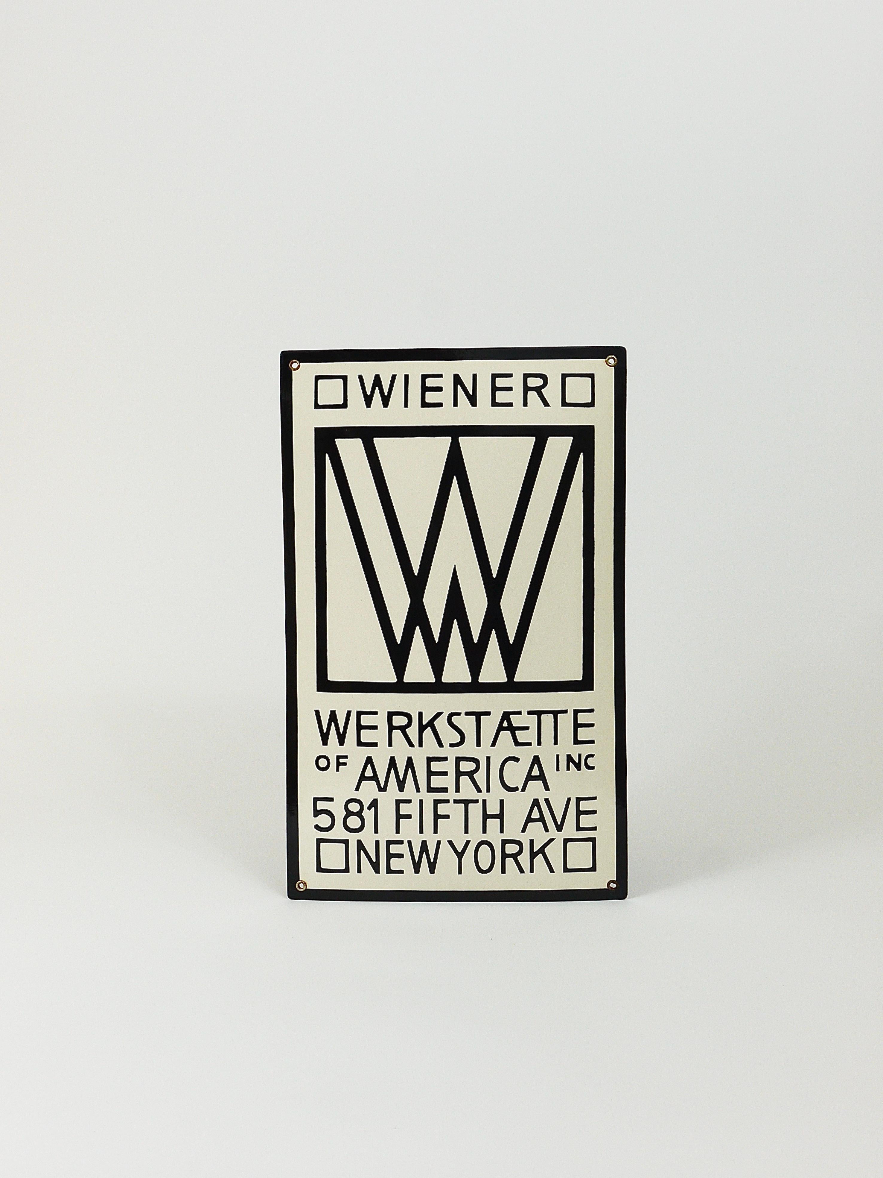 A rare, domed, black and white enameled Art Nouveau advertising sign for Wiener Werkstatte. (founded by Josef Hoffmann, Koloman Moser and Fritz Waerndorfer in 1903 in Vienna)

Wiener Werkstaette of America Inc 581 Fifth Ave New York

Designed in