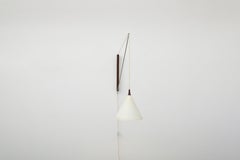 Rare Willem Hagoort Wall Sconce w/ White Enameled Metal Cone Shade & Teak Mount