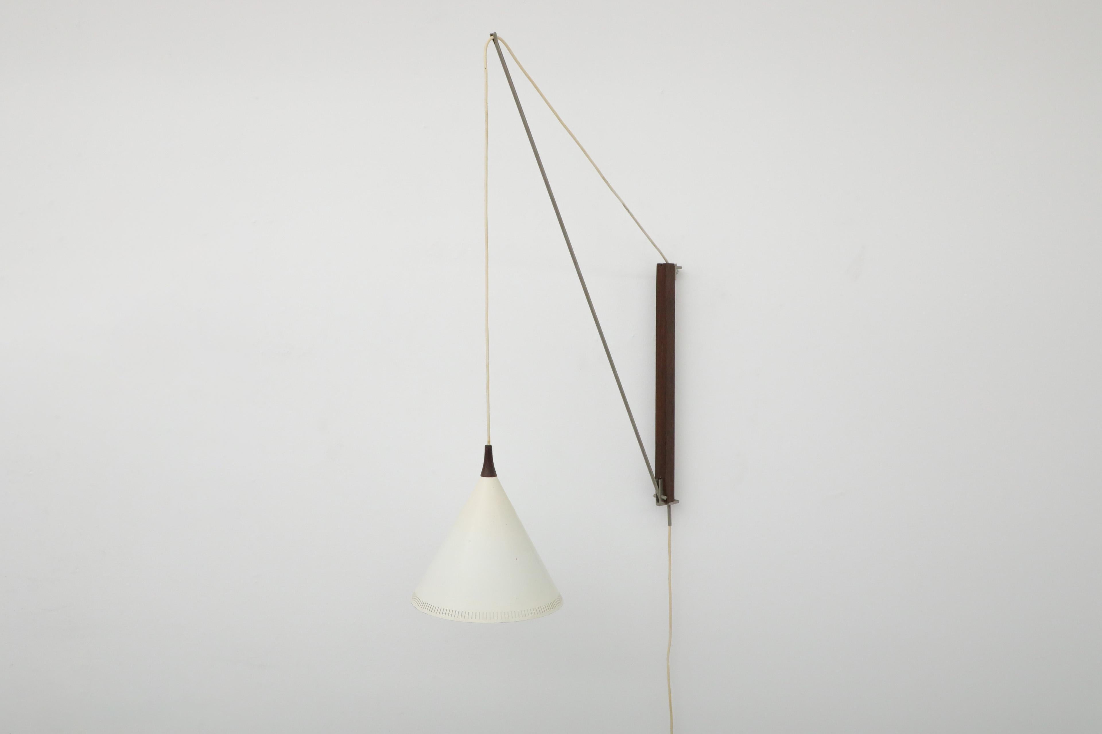 Rare Willem Hagoort Wall Sconce w/ White Enameled Metal Cone Shade & Teak Mount For Sale 1