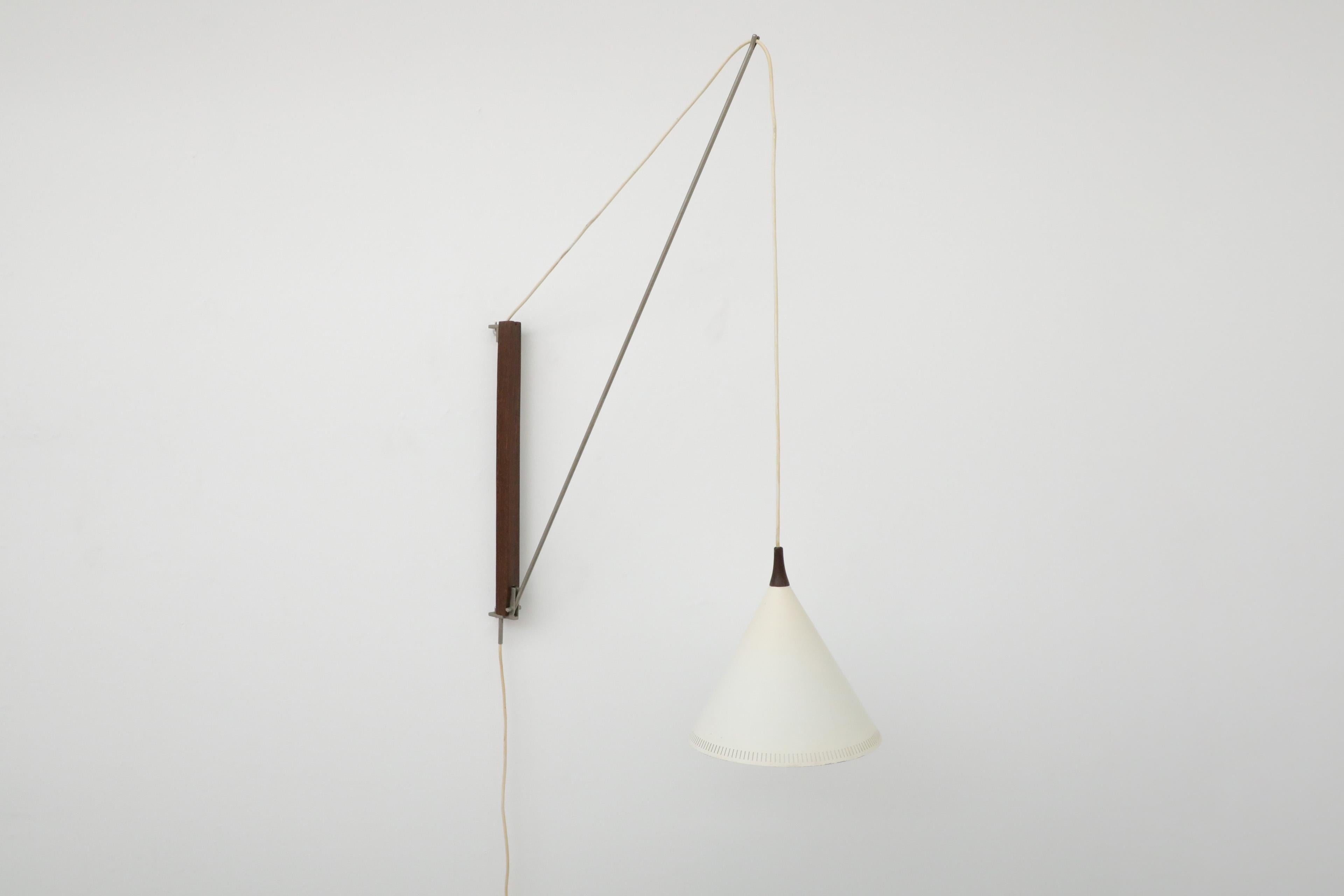Rare Willem Hagoort Wall Sconce w/ White Enameled Metal Cone Shade & Teak Mount For Sale 2