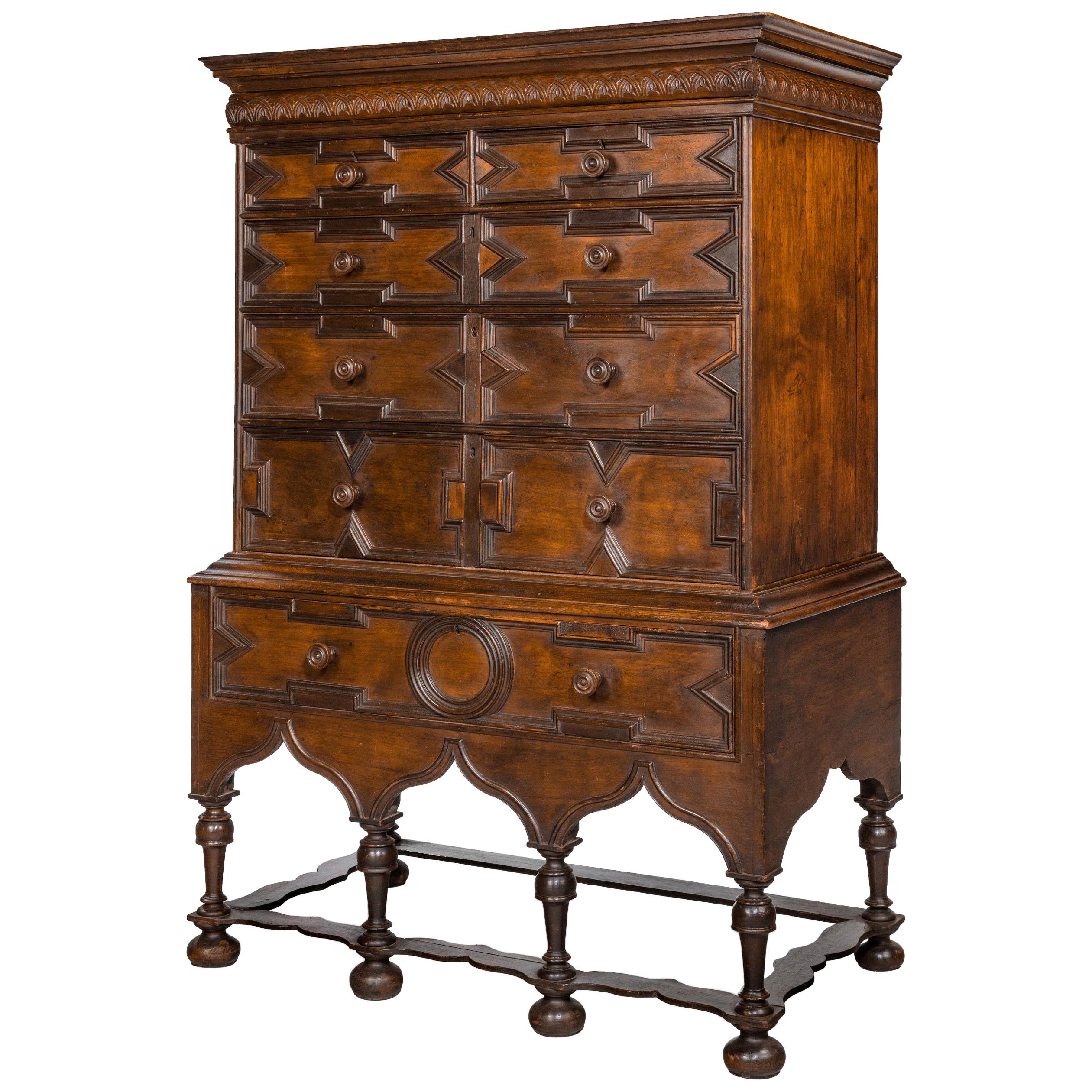 Rare William and Mary Period Solid Walnut Chest on Stand