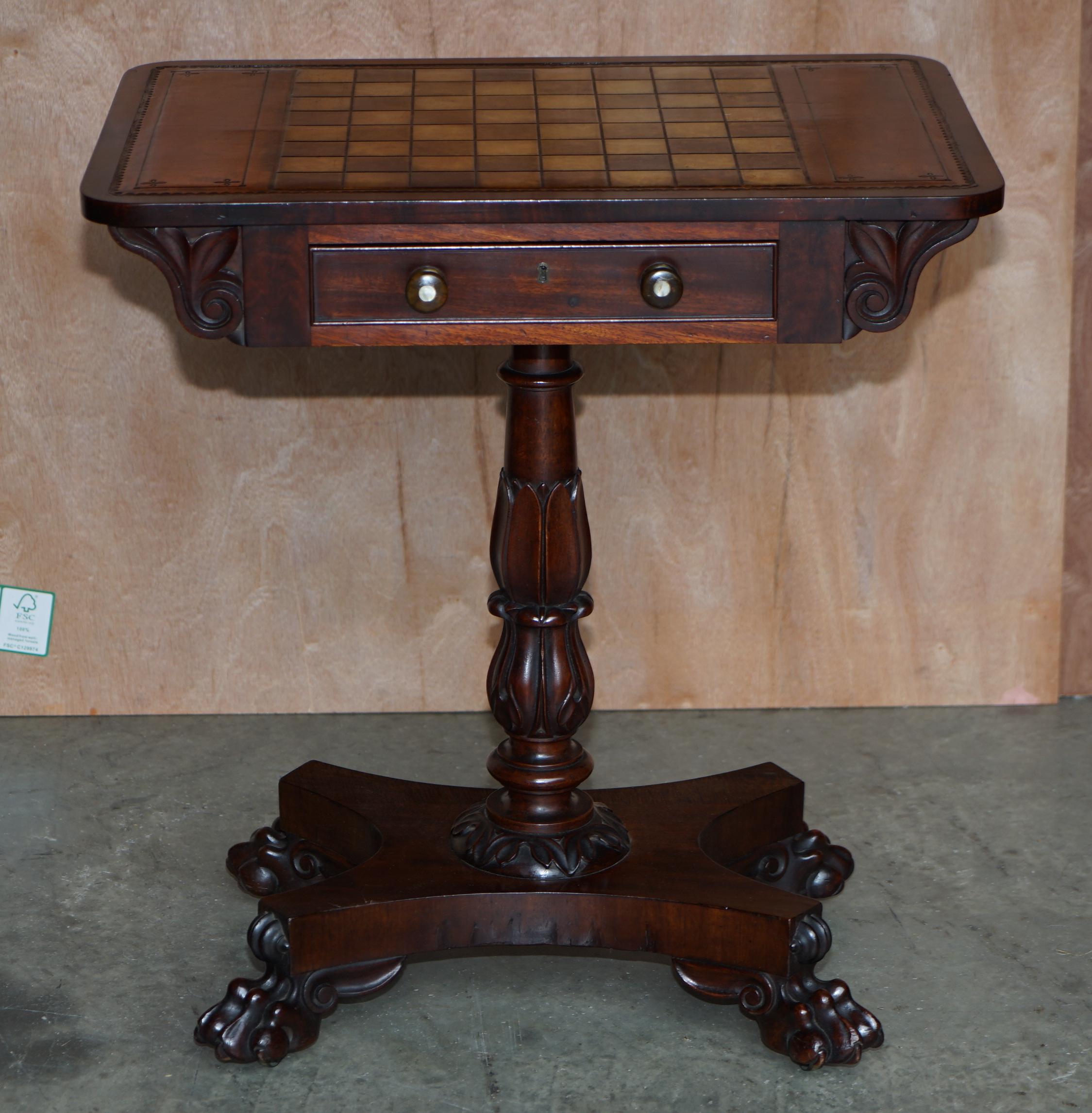 English Rare William IV Hardwood Occasional Table with Brown Leather Chess Games Top For Sale
