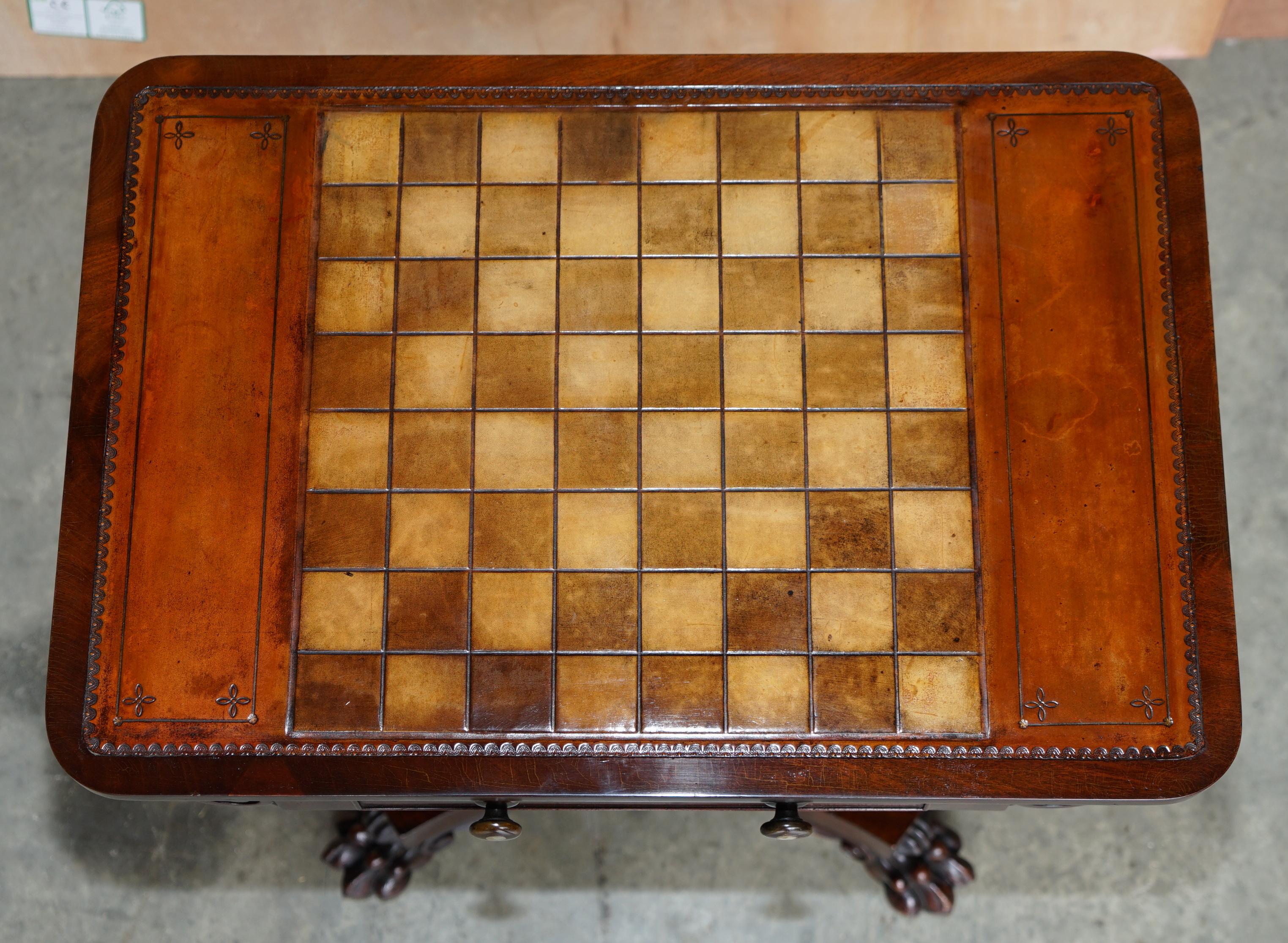 Hand-Crafted Rare William IV Hardwood Occasional Table with Brown Leather Chess Games Top For Sale