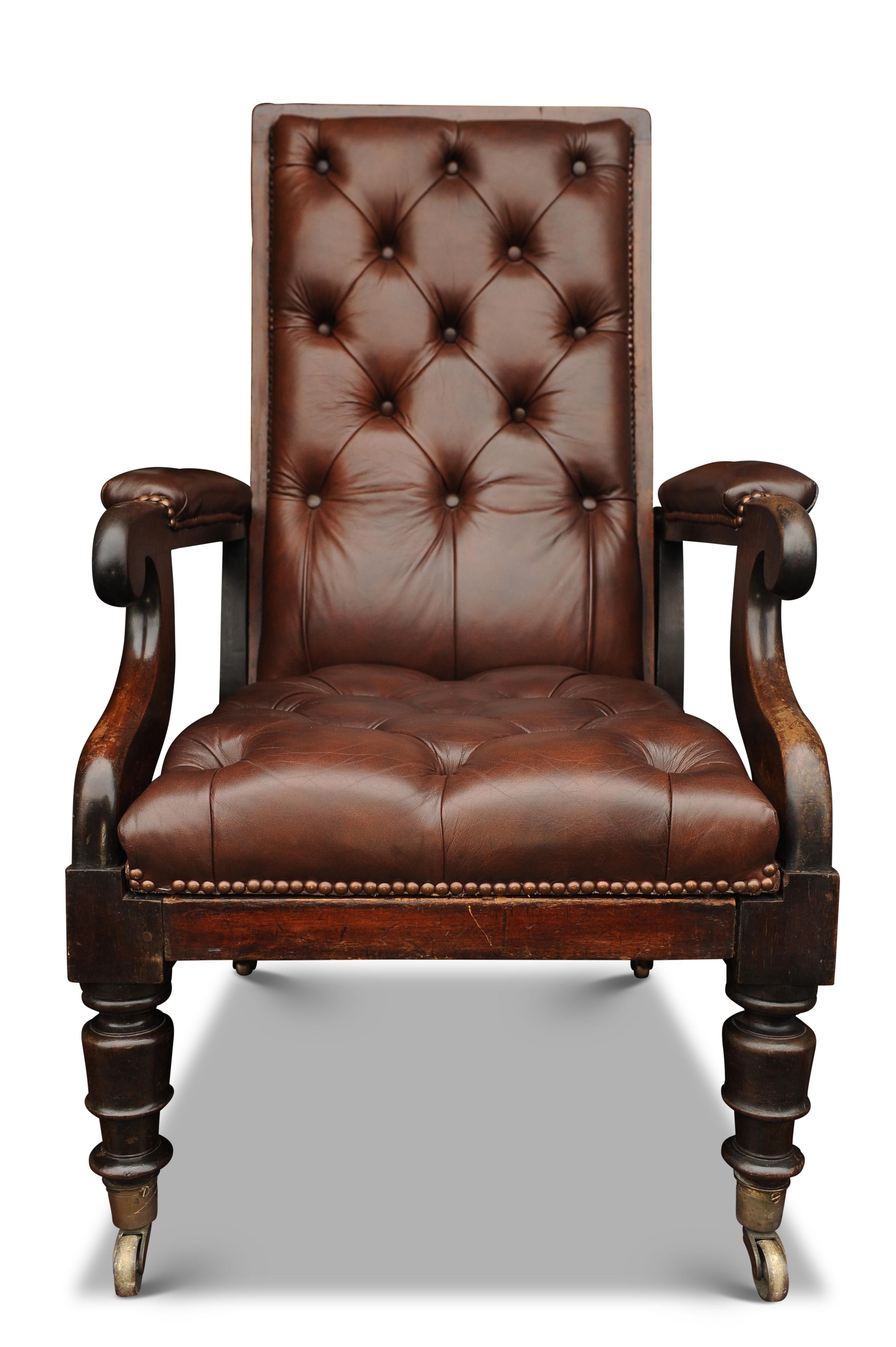 Seltener William IV.-Leder-Liegesessel Bergere-Bibliotheksstuhl auf originalem Messingguss im Zustand „Gut“ im Angebot in Reading, Berkshire