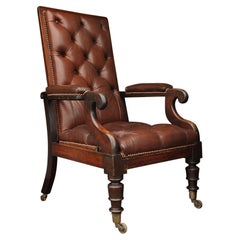Rare William IV Leather Reclining Bergere Library Chair On Original Brass Castor