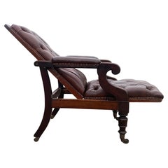 Rare William IV Leather Reclining Bergere Library Chair On Original Brass Castor