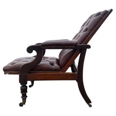 Rare William IV Leather Reclining Bergere Library Chair On Original Brass Castor