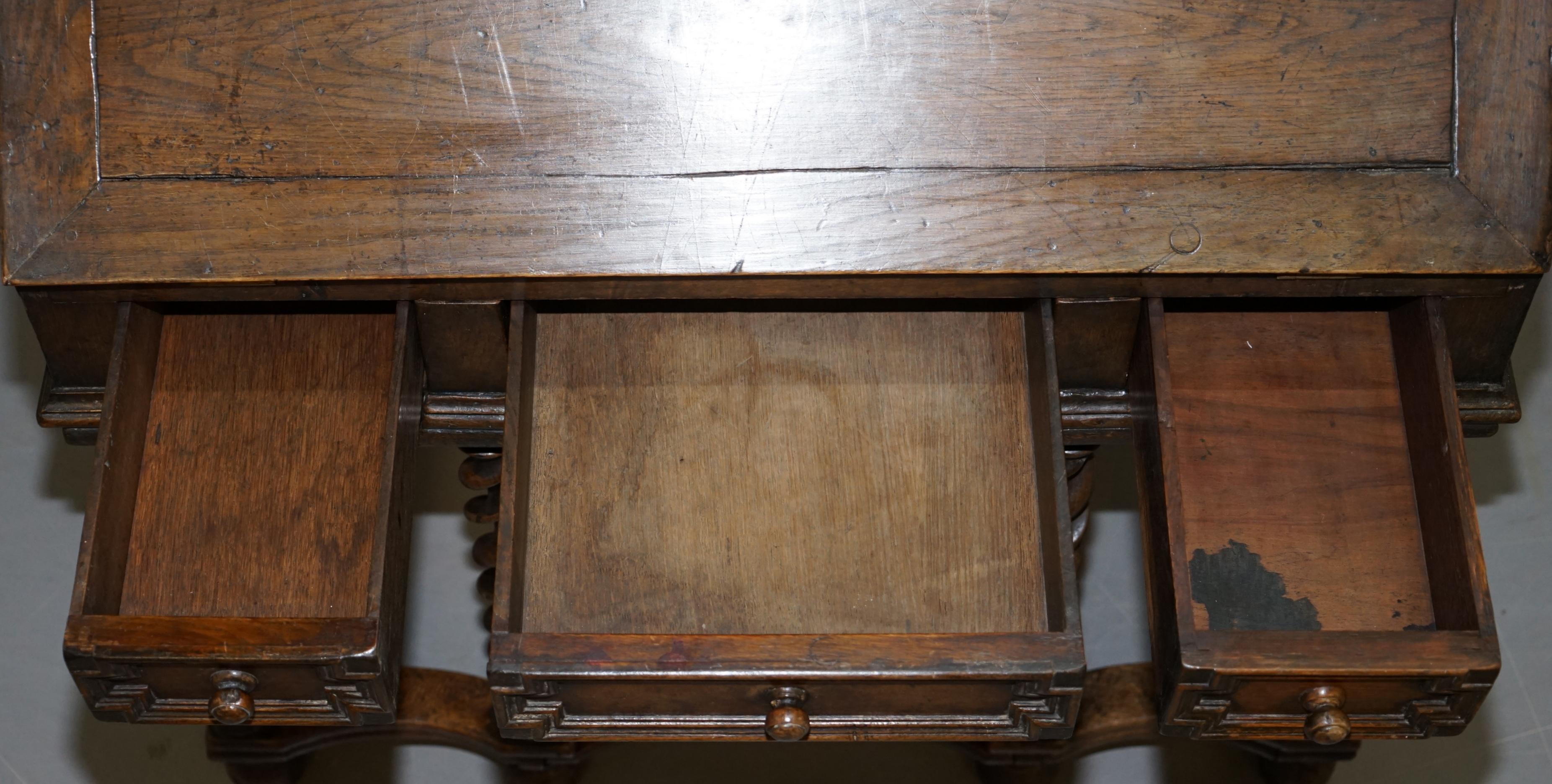 Rare William & Mary circa 1690 English Oak Barley Twist Bureau Desk on Stand 8