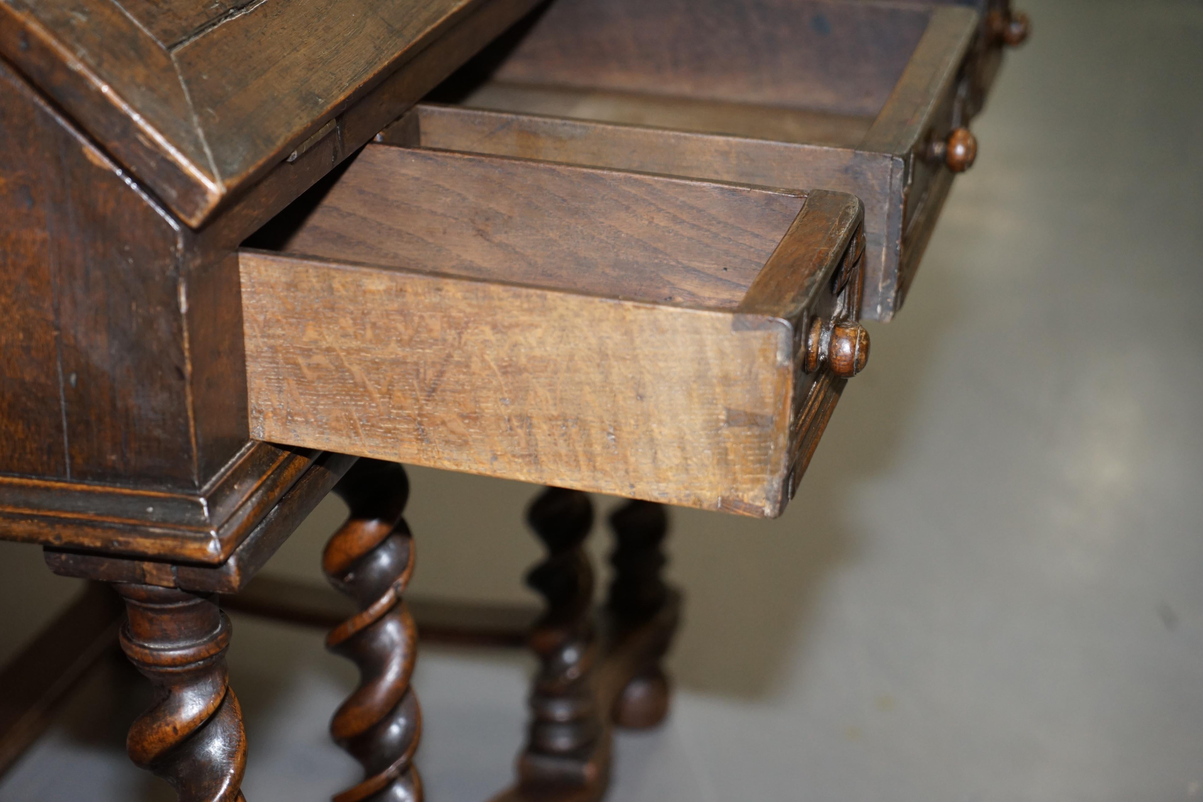 Rare William & Mary circa 1690 English Oak Barley Twist Bureau Desk on Stand 9