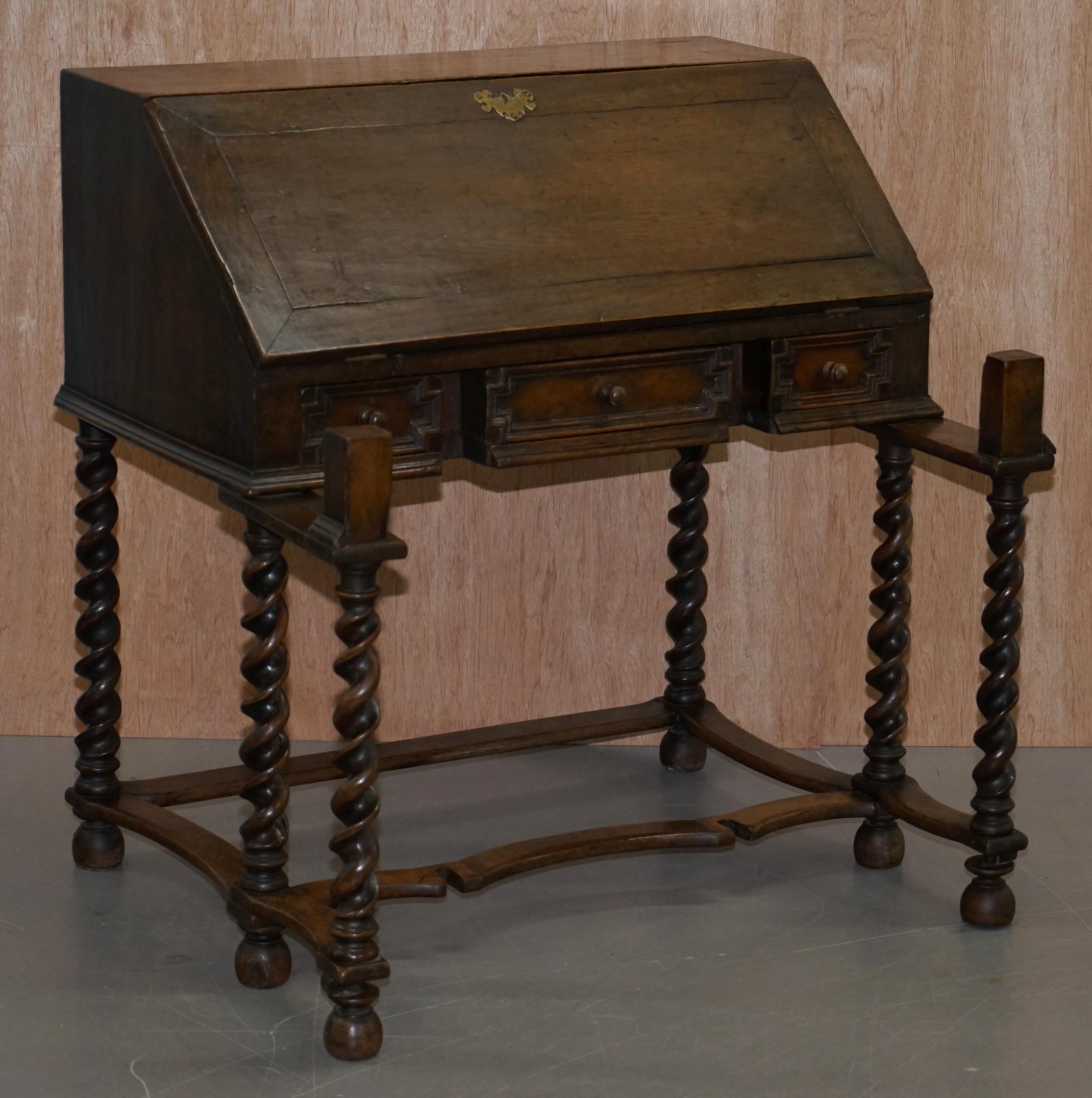 Rare William & Mary circa 1690 English Oak Barley Twist Bureau Desk on Stand 10