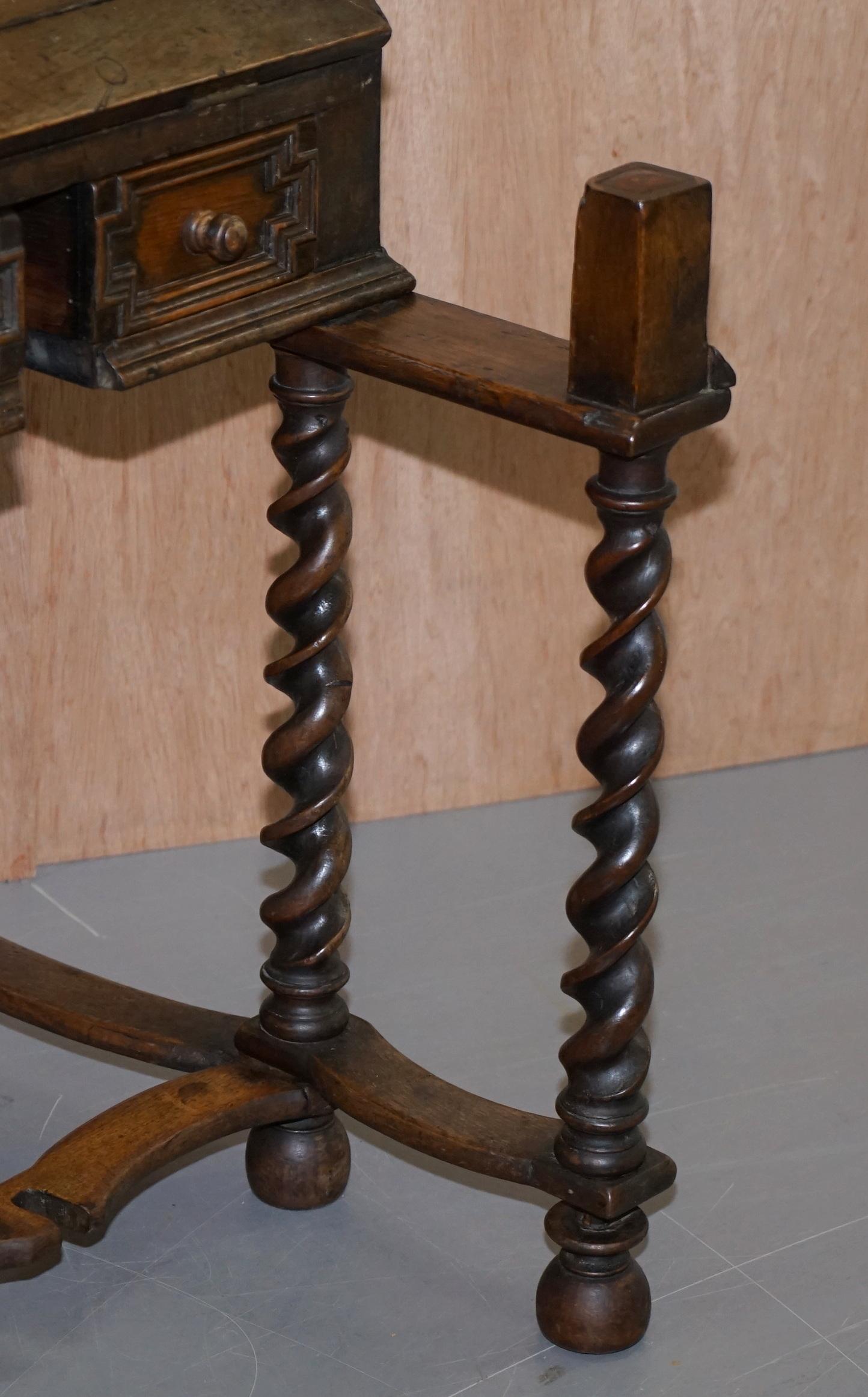 Rare William & Mary circa 1690 English Oak Barley Twist Bureau Desk on Stand 11