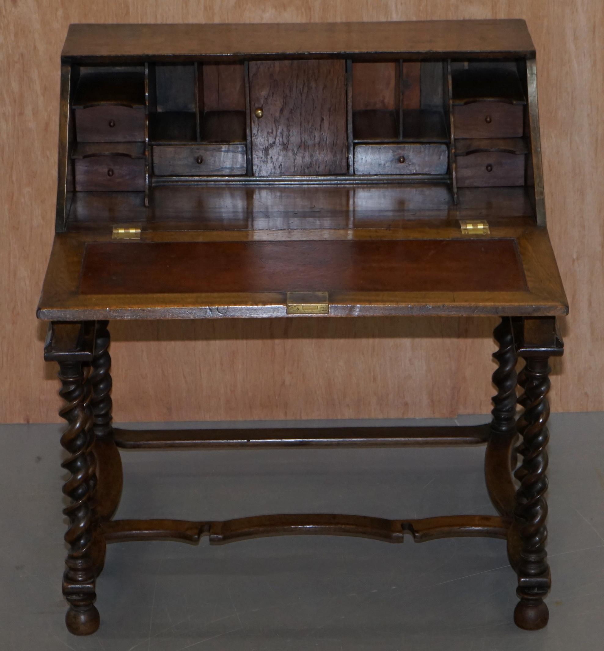 Rare William & Mary circa 1690 English Oak Barley Twist Bureau Desk on Stand 13