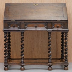 Rare William & Mary circa 1690 English Oak Barley Twist Bureau Desk on Stand