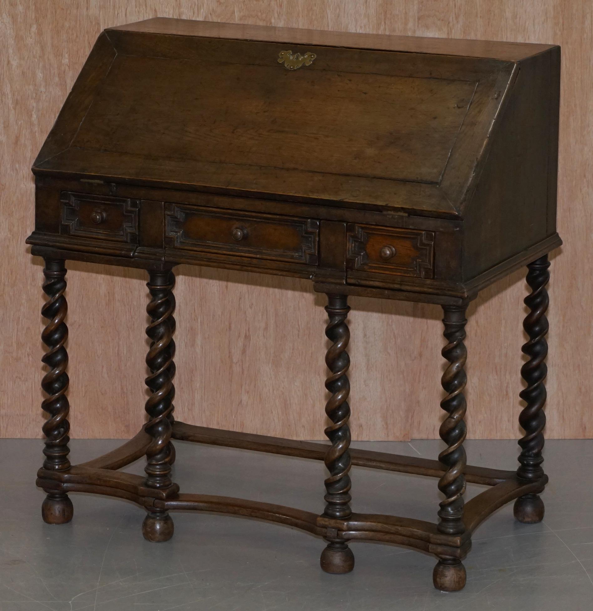 William and Mary Rare William & Mary circa 1690 English Oak Barley Twist Bureau Desk on Stand