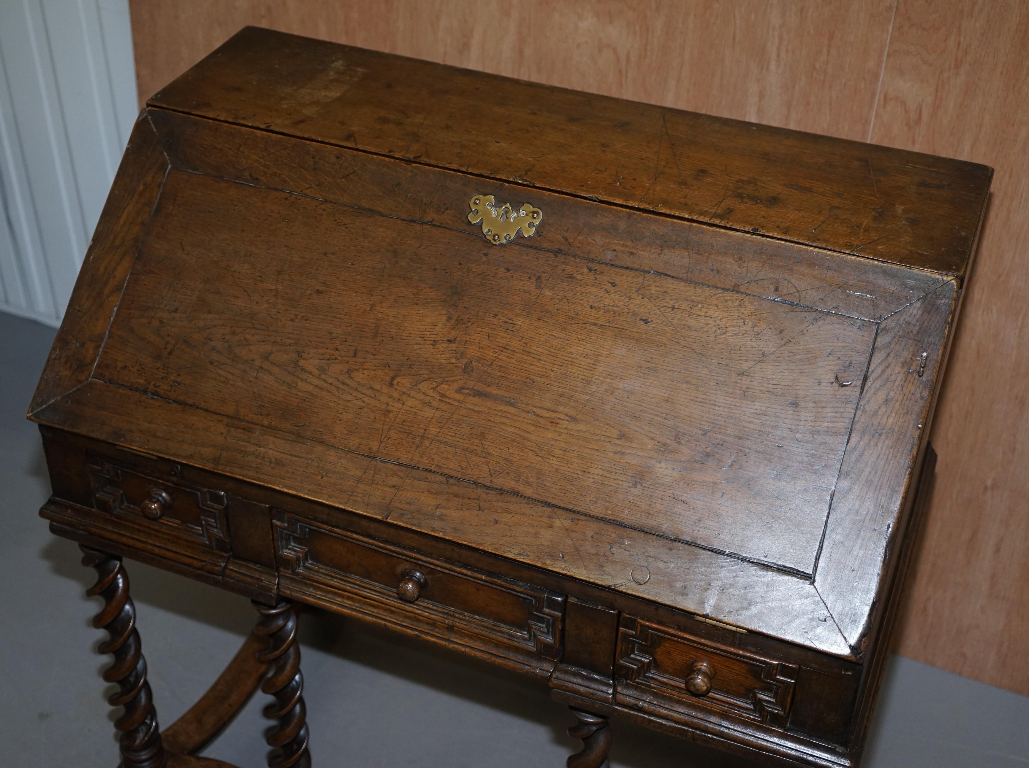 Hand-Crafted Rare William & Mary circa 1690 English Oak Barley Twist Bureau Desk on Stand