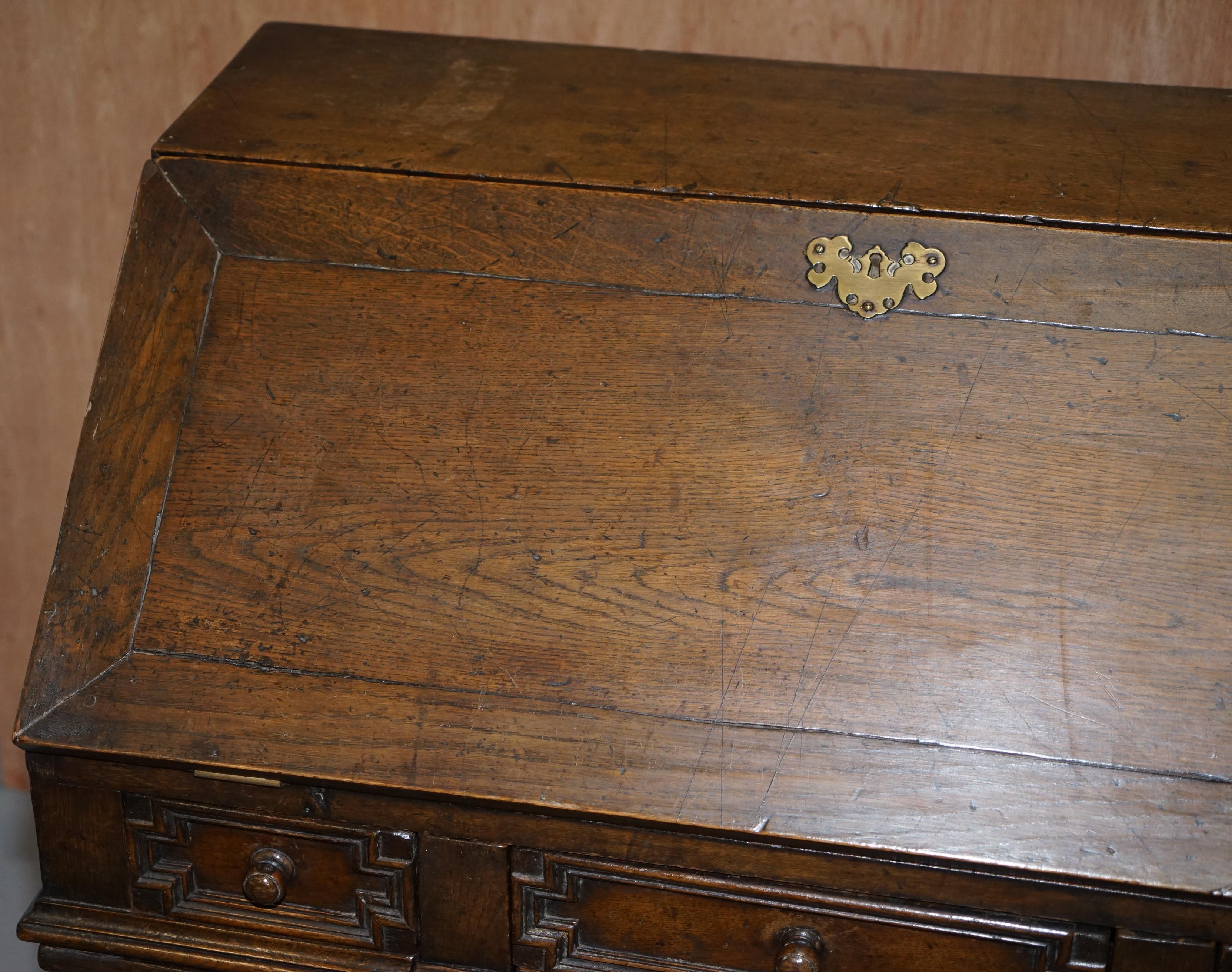 Late 17th Century Rare William & Mary circa 1690 English Oak Barley Twist Bureau Desk on Stand