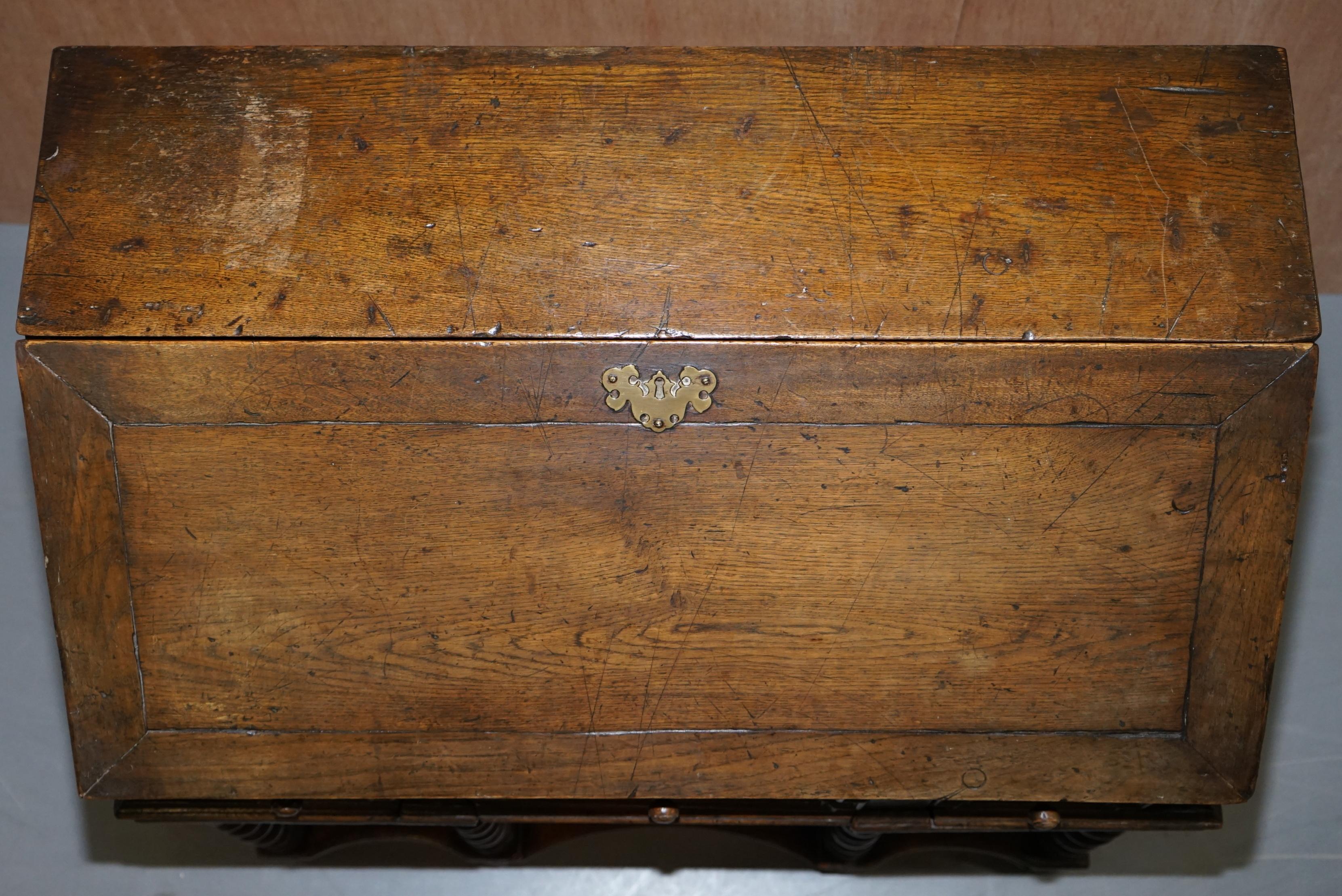 Rare William & Mary circa 1690 English Oak Barley Twist Bureau Desk on Stand 1