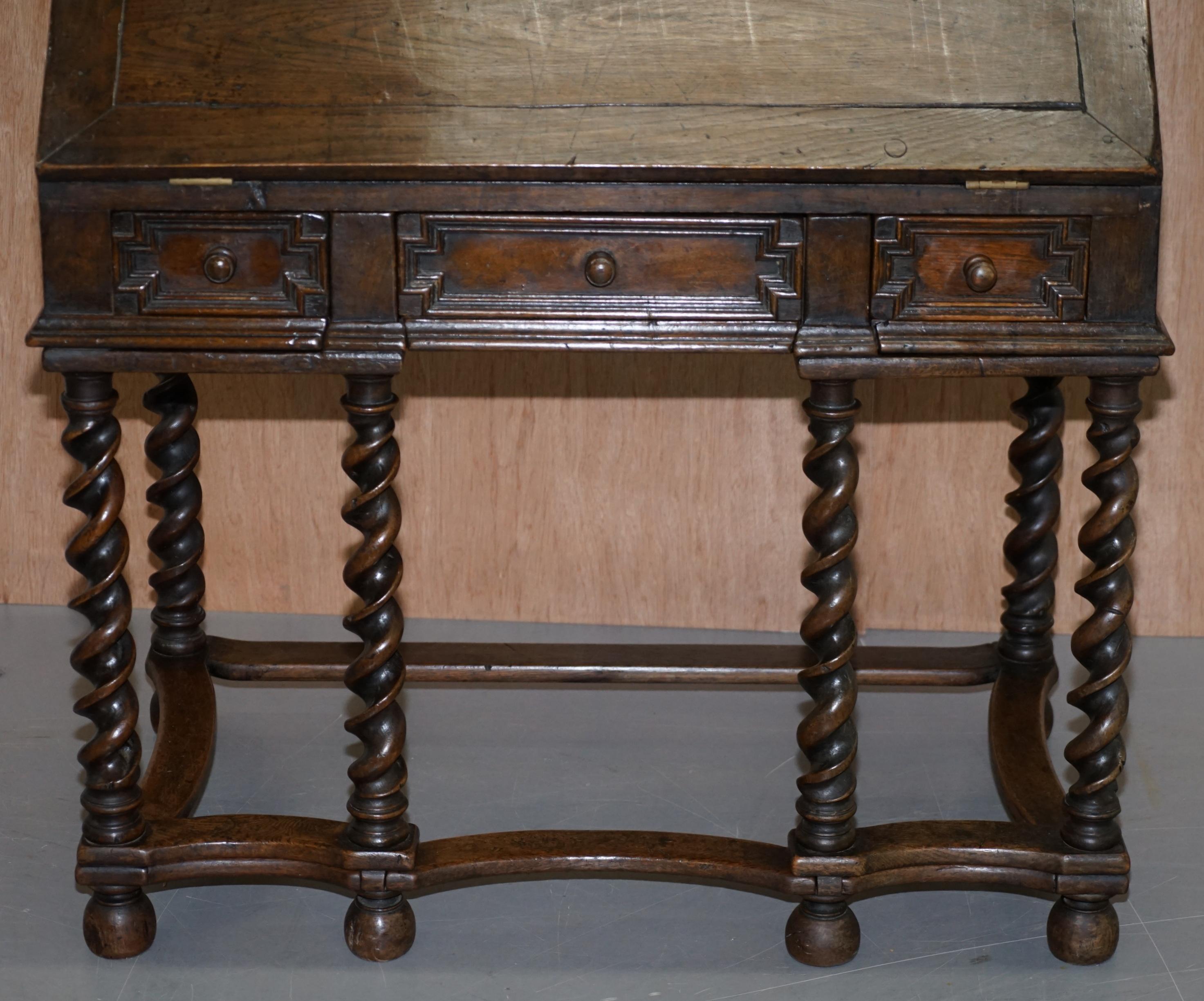 Rare William & Mary circa 1690 English Oak Barley Twist Bureau Desk on Stand 2