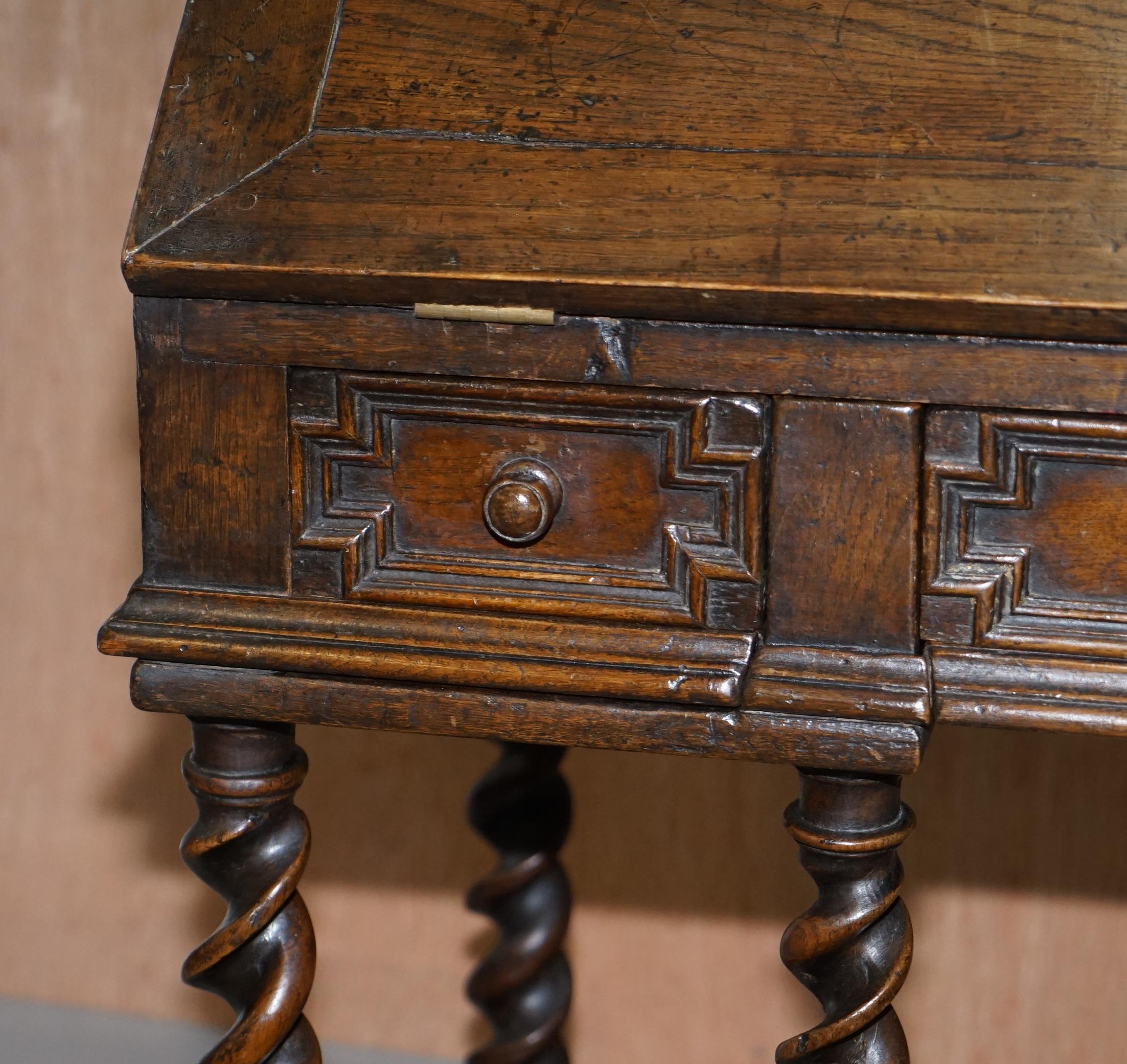 Rare William & Mary circa 1690 English Oak Barley Twist Bureau Desk on Stand 3